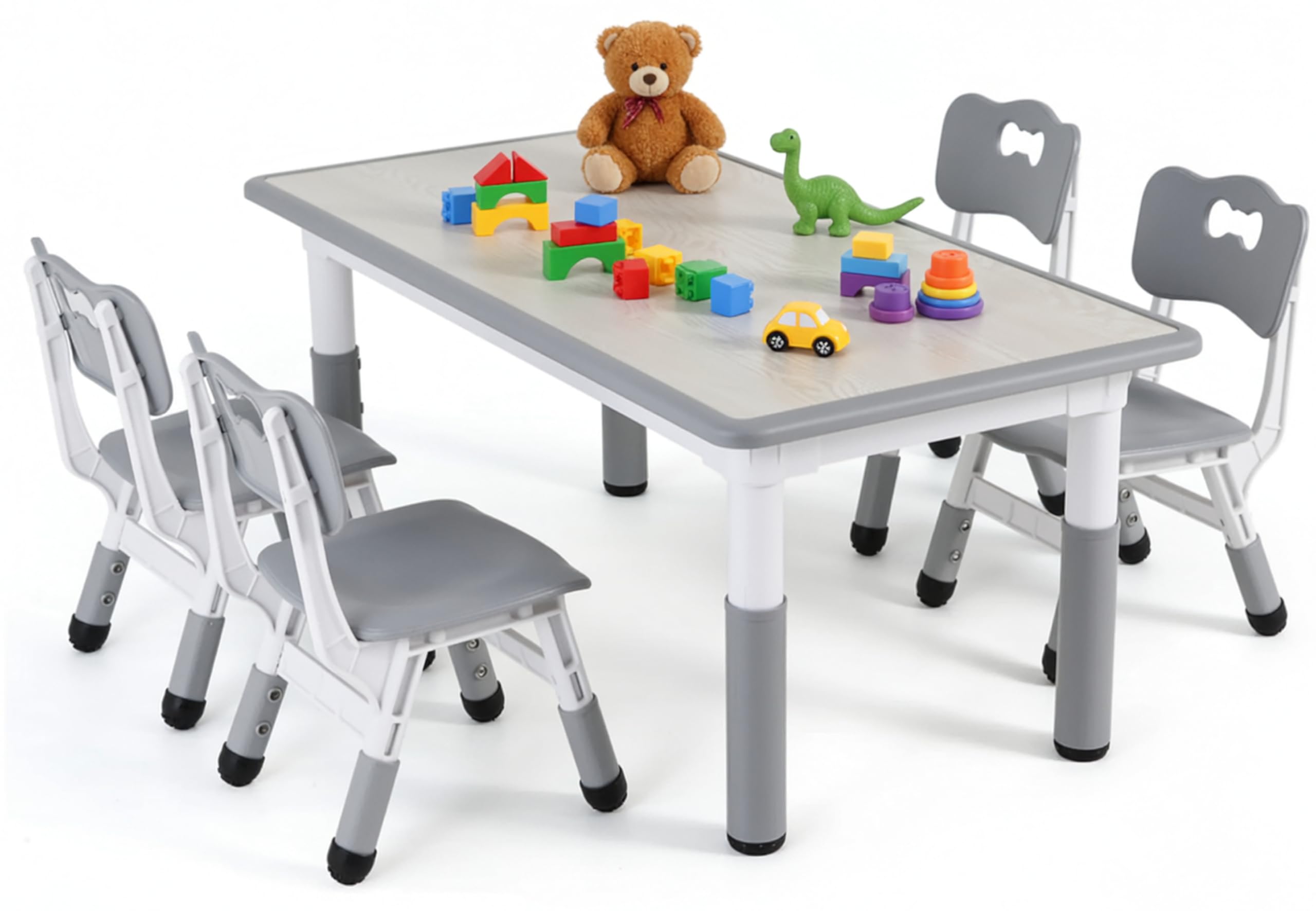 MAMIZO Kindertisch Packung mit 4 Stühlen, Kindertischgruppe Höhenverstellbar, Tisch Stuhl Set für Kindergarten und Kinderzimmer, Plastik Kindermöbel, Sitzgruppe für Jungen Mädchen ab 2 Jahre, Grau