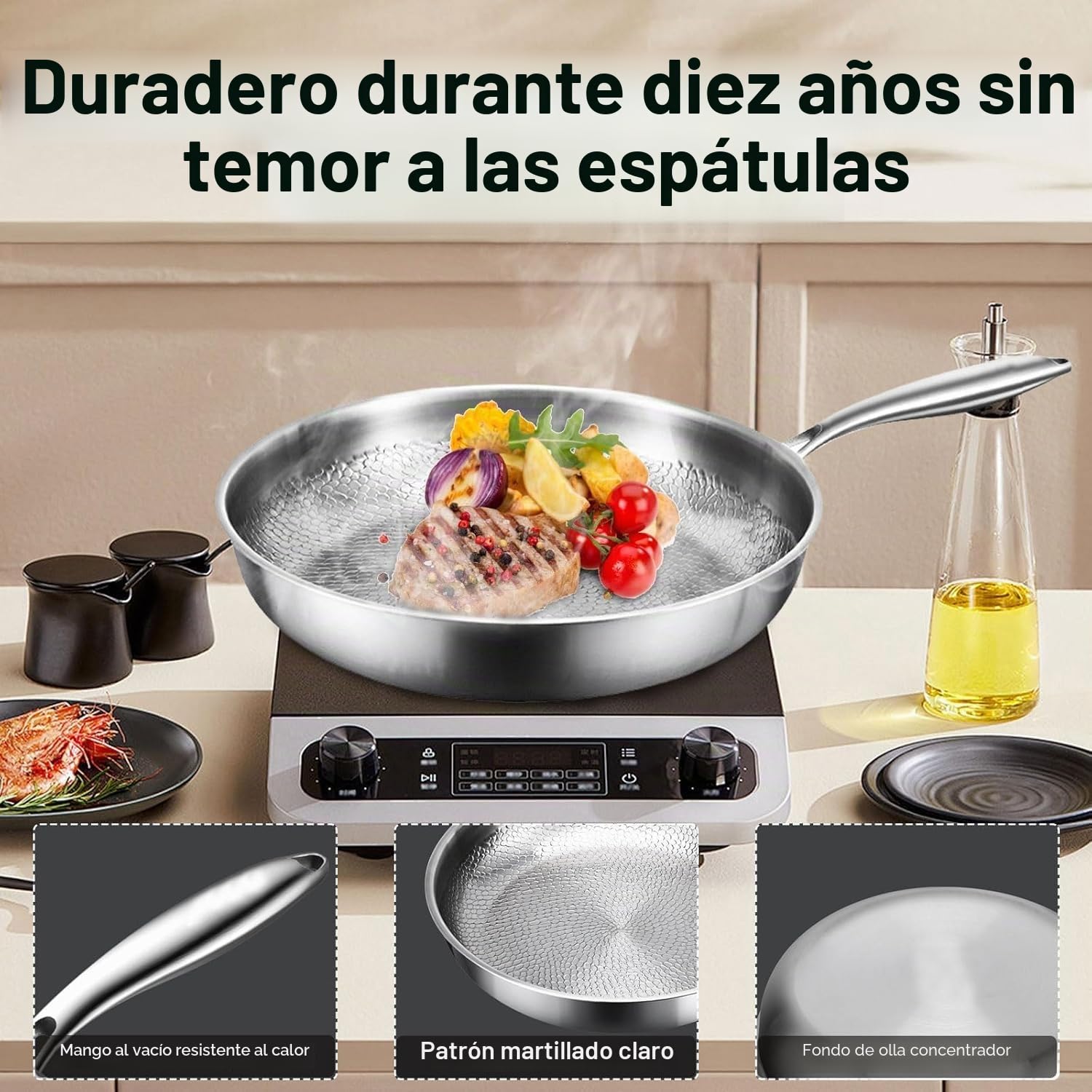 Sartén De Titanio 24cm, Sartenes Antiadherentes Con Tapa, Antiadherente Wok Martillado Sartén De Titanio Nutrición Para Cocinar, Utensilios De Cocina Versátiles Para Freír, Hornear, Filete (24cm)