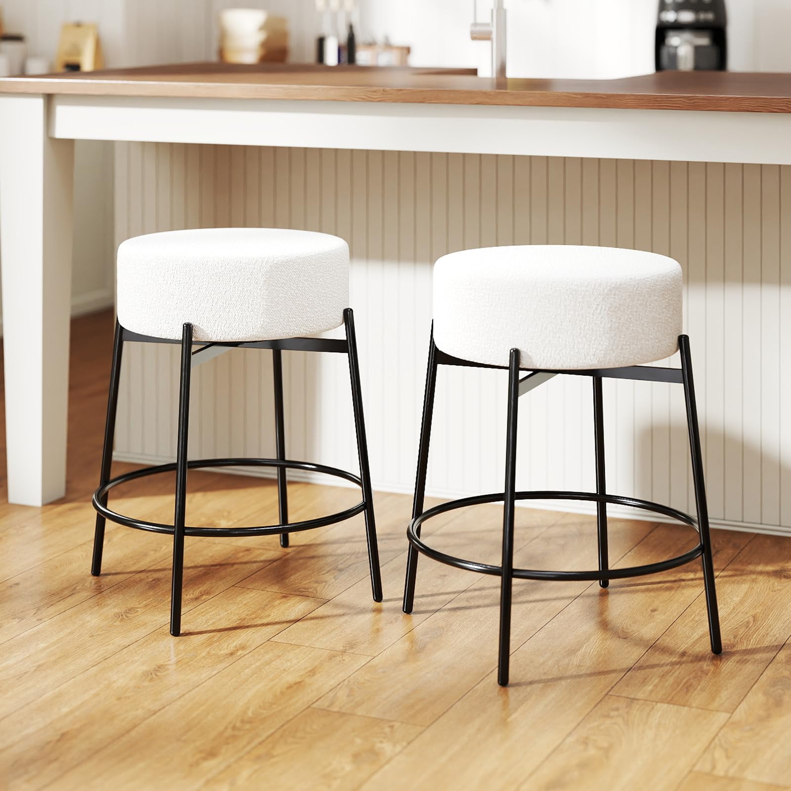 Swivel Bar Stools Set of 2,24" Counter Height Barstools with Round Soft Padded Boucle Backless Seat and Black Legs,Upholstered Barstools for Kitchen Island,Beige