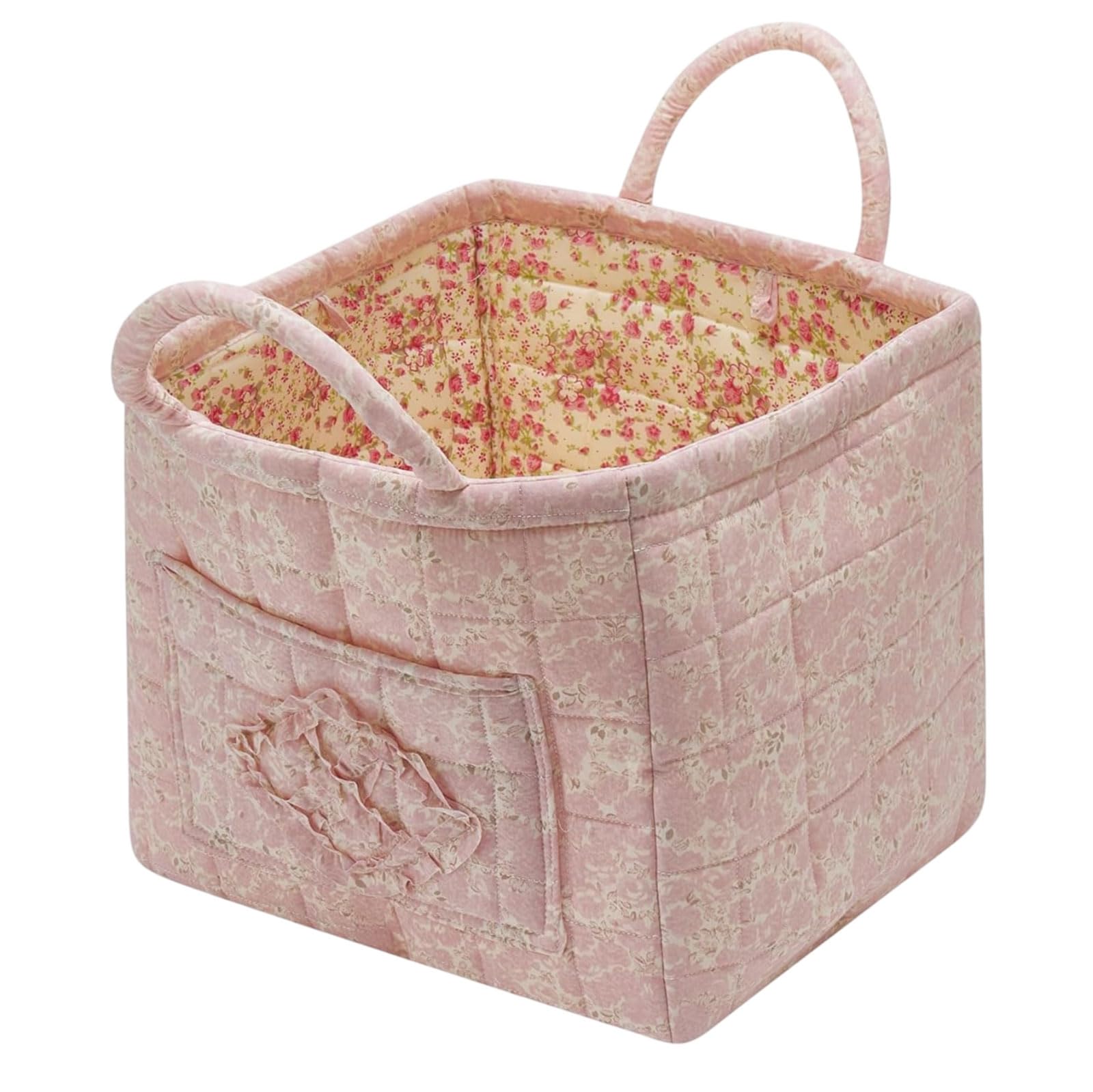 Ruispeed Quilted Fabric Storage Basket With Handles & Pocket, Foldable Laundry Hamper Boho Floral Print Organizer Bin For Home, Picnic, Office 12"X10"X10" (A-4)