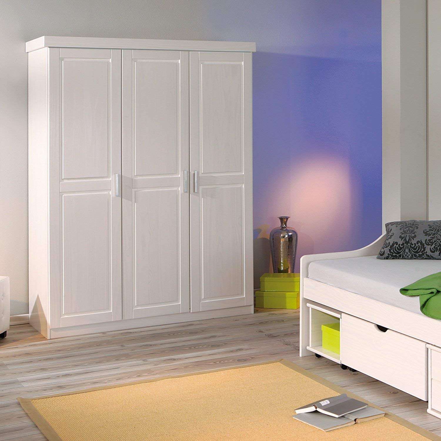 Inter Link Wardrobe floorboard More Sustainable Solid Wood White Lacquered 140 x 190 x 55 cm, 3 puertas, Blanco