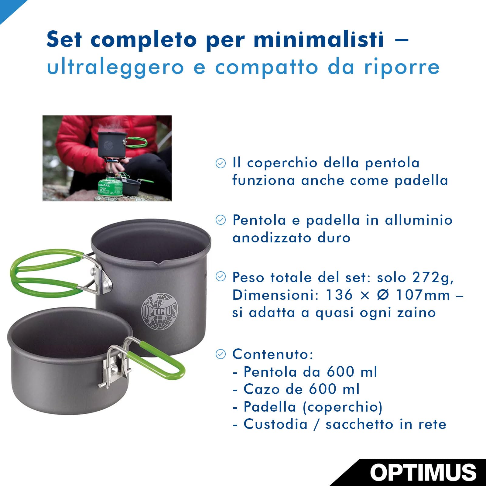 Optimus Crux Lite Sistema di cottura in solitaria per il campeggio e il trekking - Set di fornelli a gas ultraleggeri con pentola e padella da 0,6 L | 3000 W di potenza | 272 g