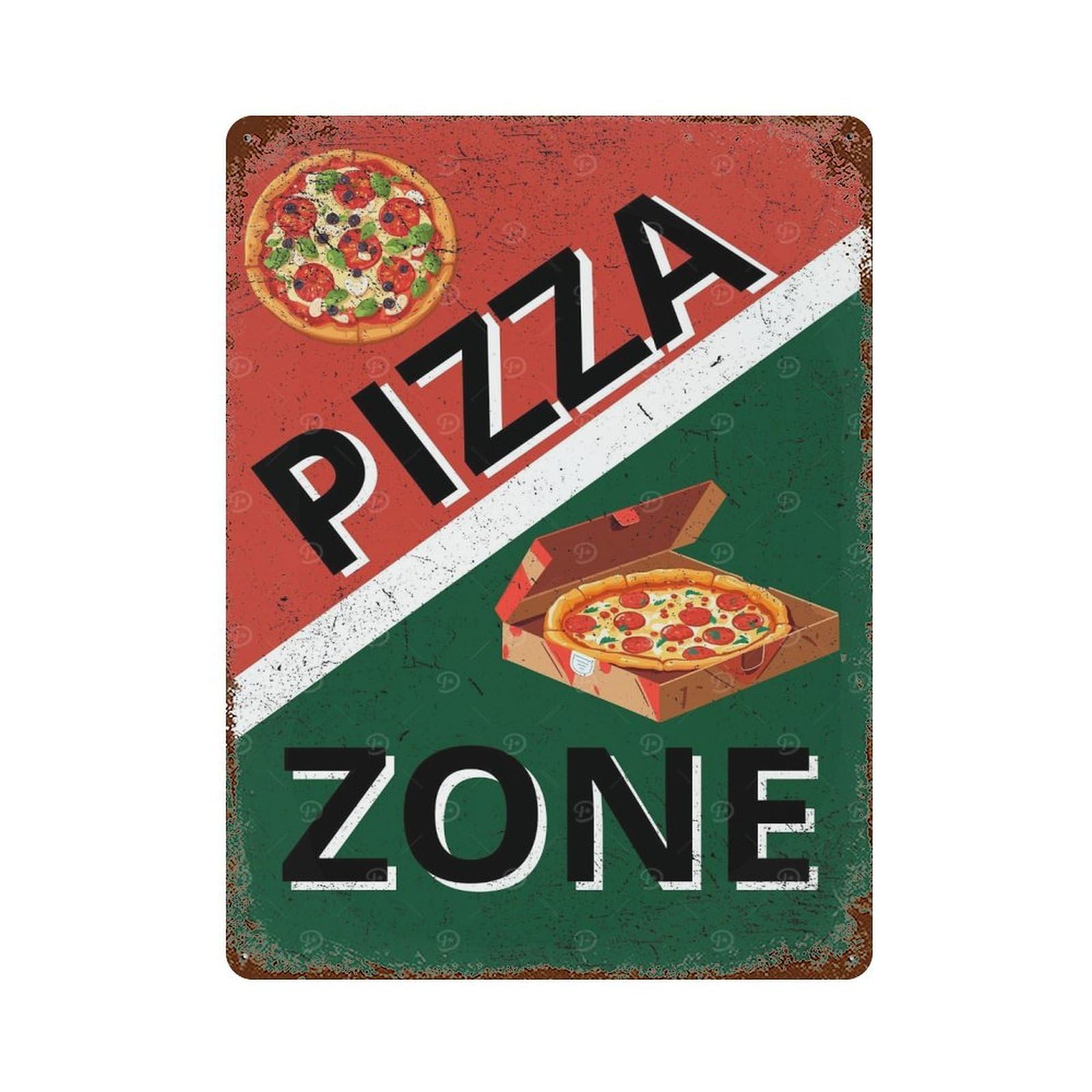 Garage Style Pizza Zone Decor Rust Effect Tin Sign 15.7"x11.8", Farmhouse Wall Decor for Bar And Workshop