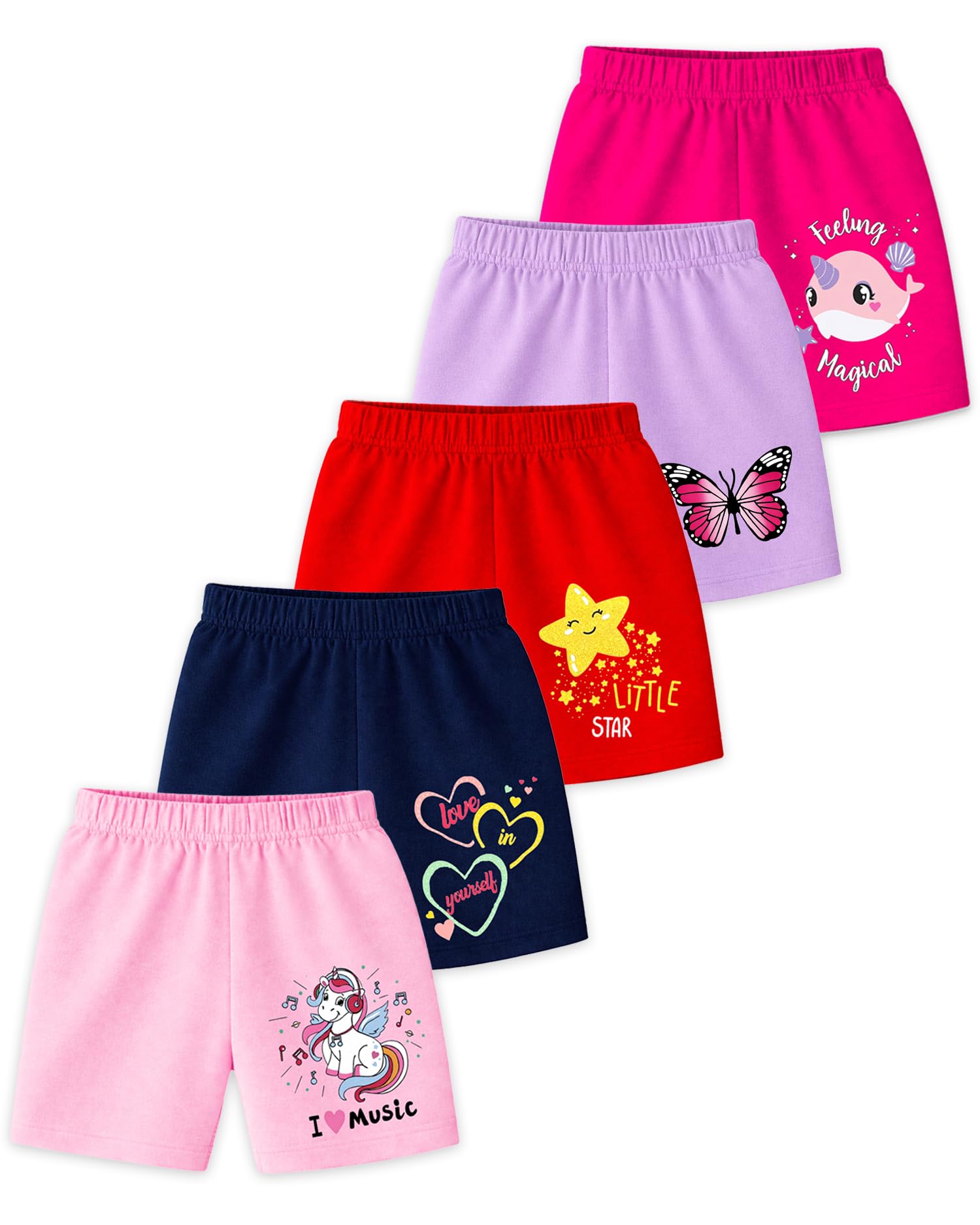 Kuchipoo Girls Cotton Printed Shorts | Elastic Waist | Summer Wear Shorts for Girls | Pack of 5