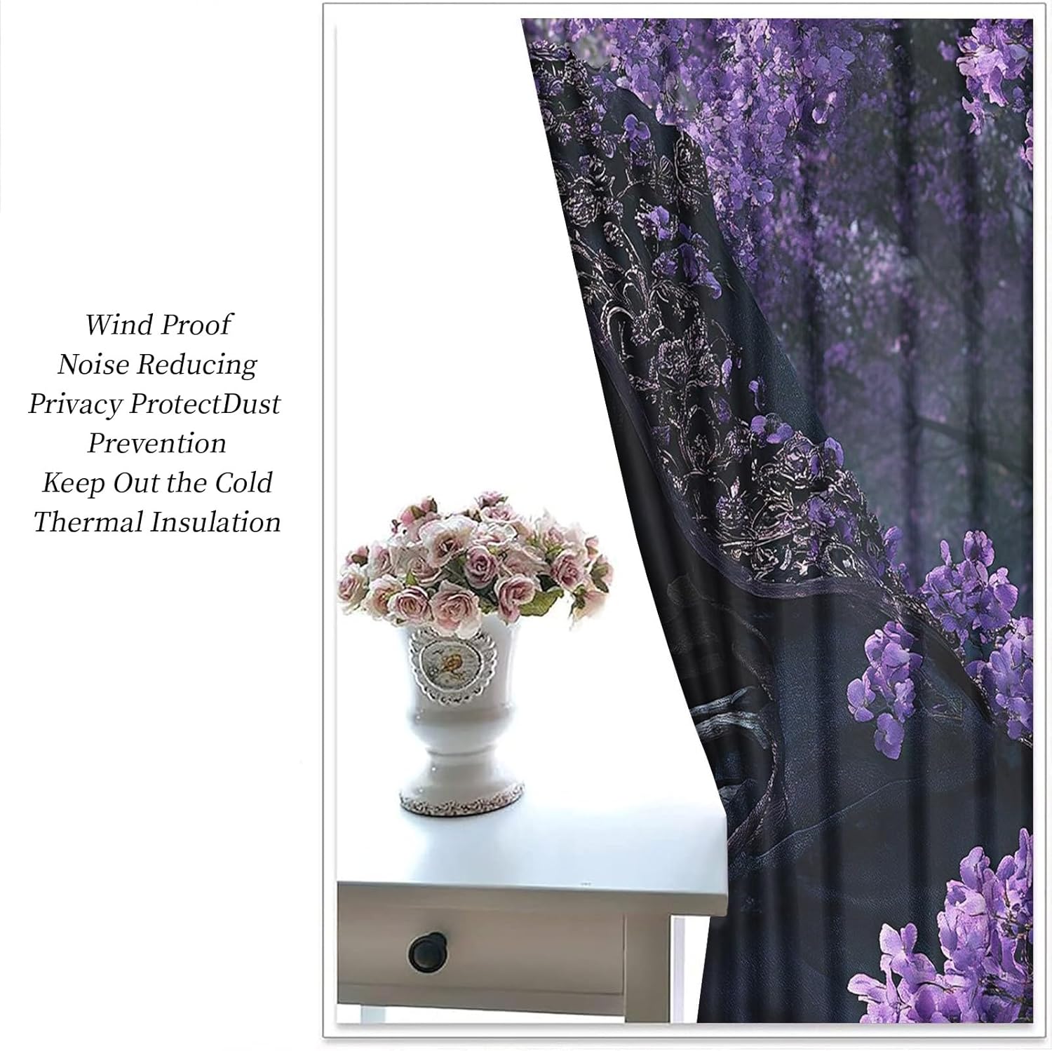 Floral Skull Print Curtain, Black Robe Skeleton Eyelet Privacy Curtain, Mystical Aesthetics Grommet Window Curtain for Living Room Bedroom Office Home Decor, 26 x 72 Inch, 2 Panels