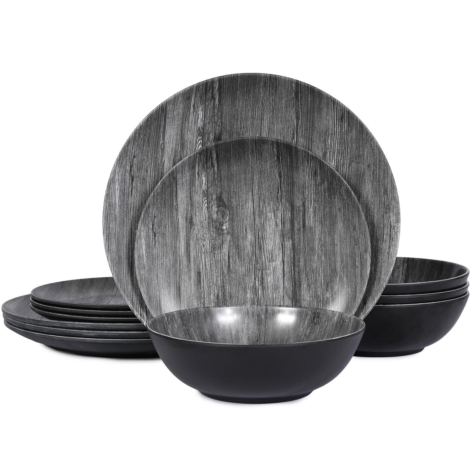 Melamine Dinnerware Set - 12pcs dinnerware set Indoor and Outdoor use, Bamboo Pattern Dishes Dinnerware Set for 4,Dishwasher Safe (Black Grey wood)