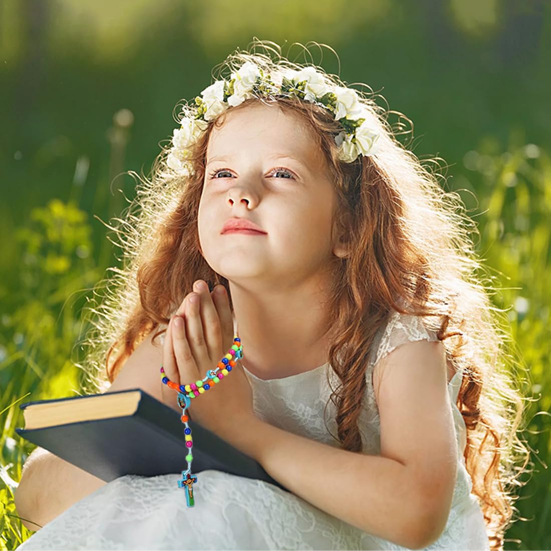 2 Piezas Juego de cuentas de rosario colorido para aprender a rezar, rosario infantil con bolsa de regalo de terciopelo para Navidad, Pascua y bautizos católicos