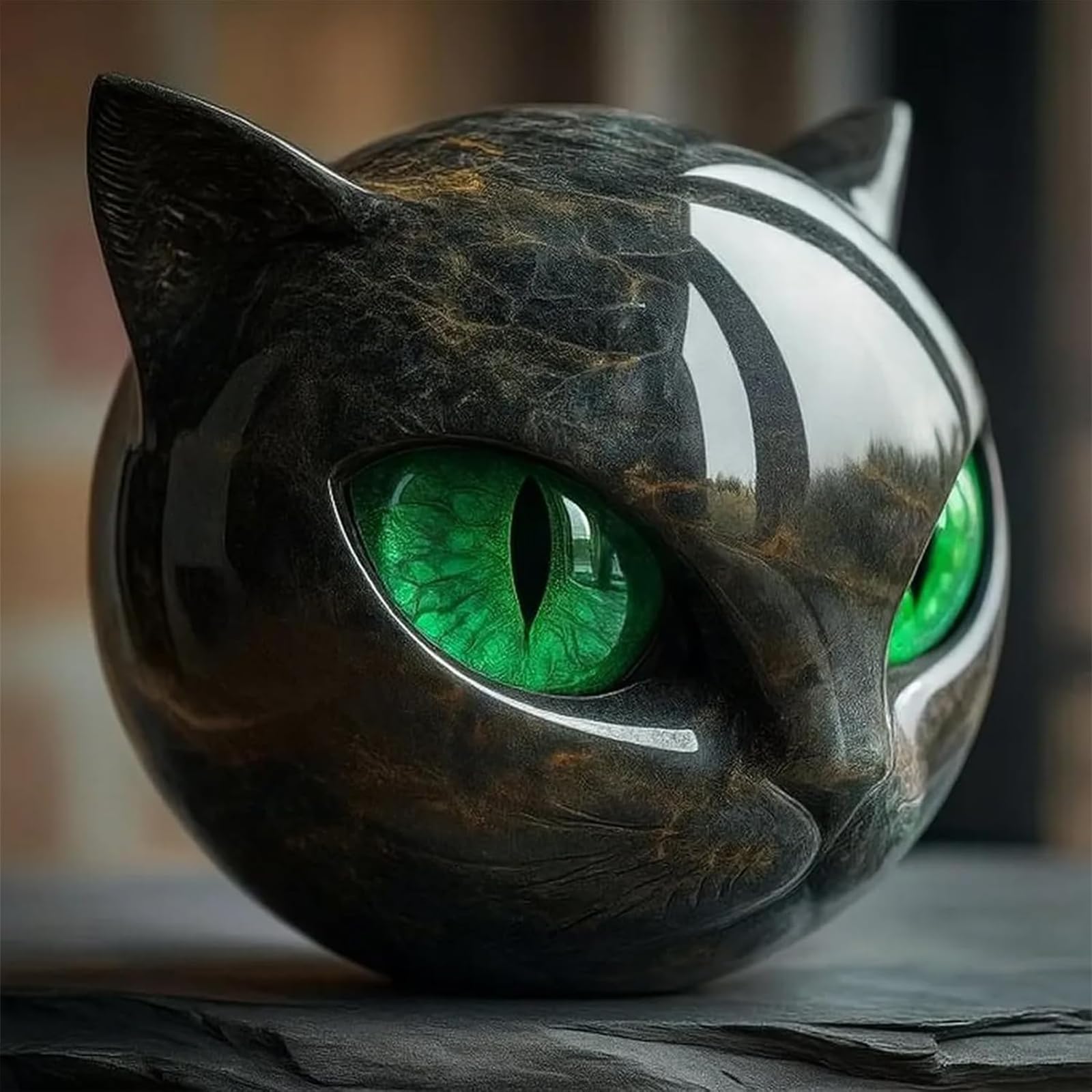 Generico Statuetta in pietra raffigurante un gatto nero, realizzata a mano in resina effetto marmo con occhi color ambra, regalo decorativo per amanti dei gatti e collezionisti. (Green)