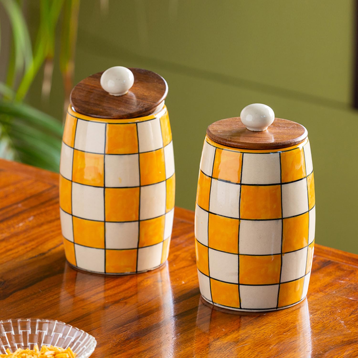 ExclusiveLane Shatranj Check Handpainted Multipurpose Storage Ceramic Jars & Containers with Wooden Lid (Airtight, Set of 2, 600 ML, 6.1 Inch) - Ceramic Jars for Kitchen Storage Snacks Jar (B08W3C24GF) Amazon Price History, Amazon Price Tracker