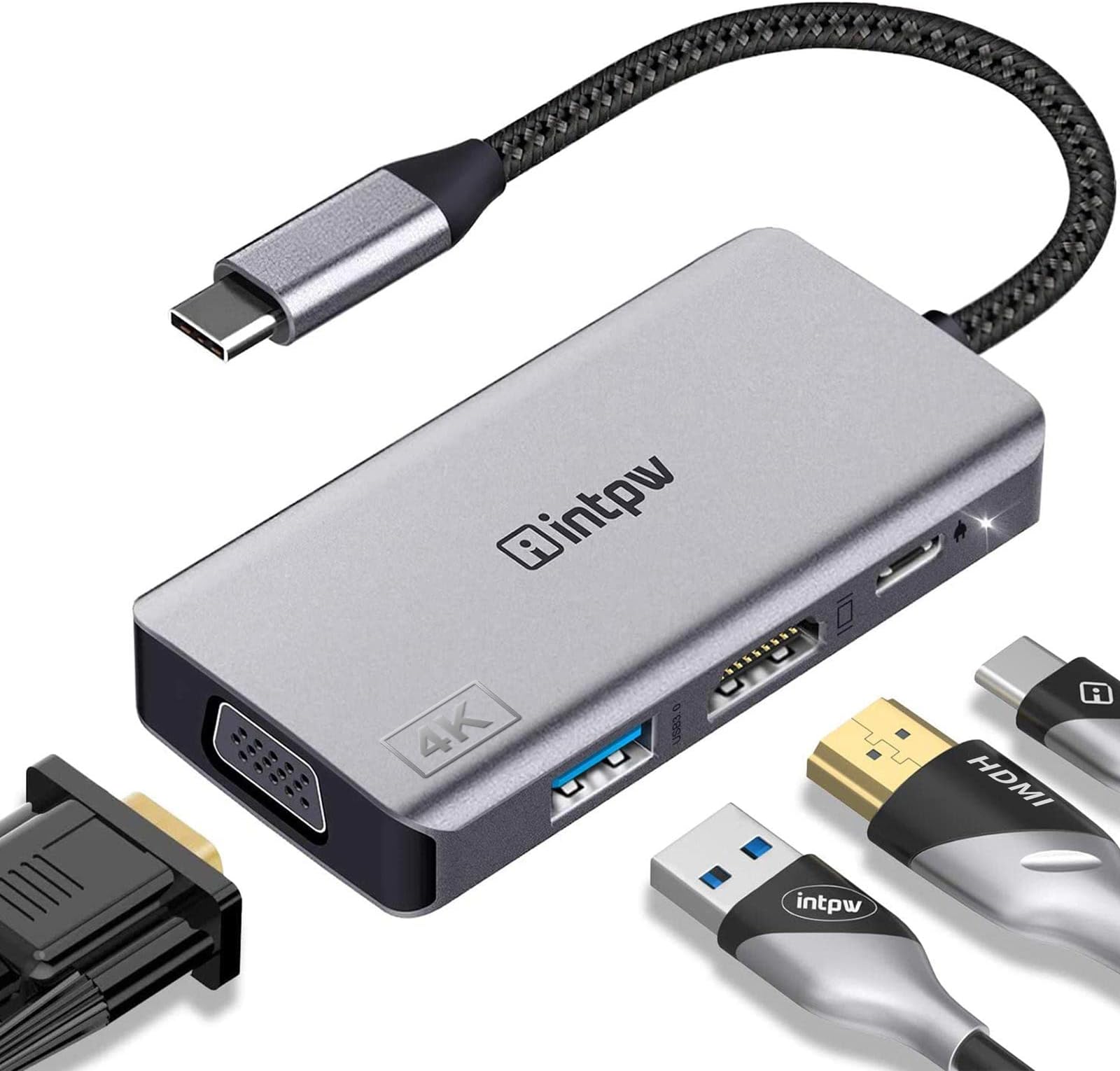 intpw USB C Hub, 4 in 1 VGA to HDMI Adapter with PD 100W, 4K HDMI, Type-A 3.0 5Gbps, 1080P VGA, Alumimun USB Hub for Laptop, MacBook Pro/MacBook Air/ipad Pro/Dell XPS