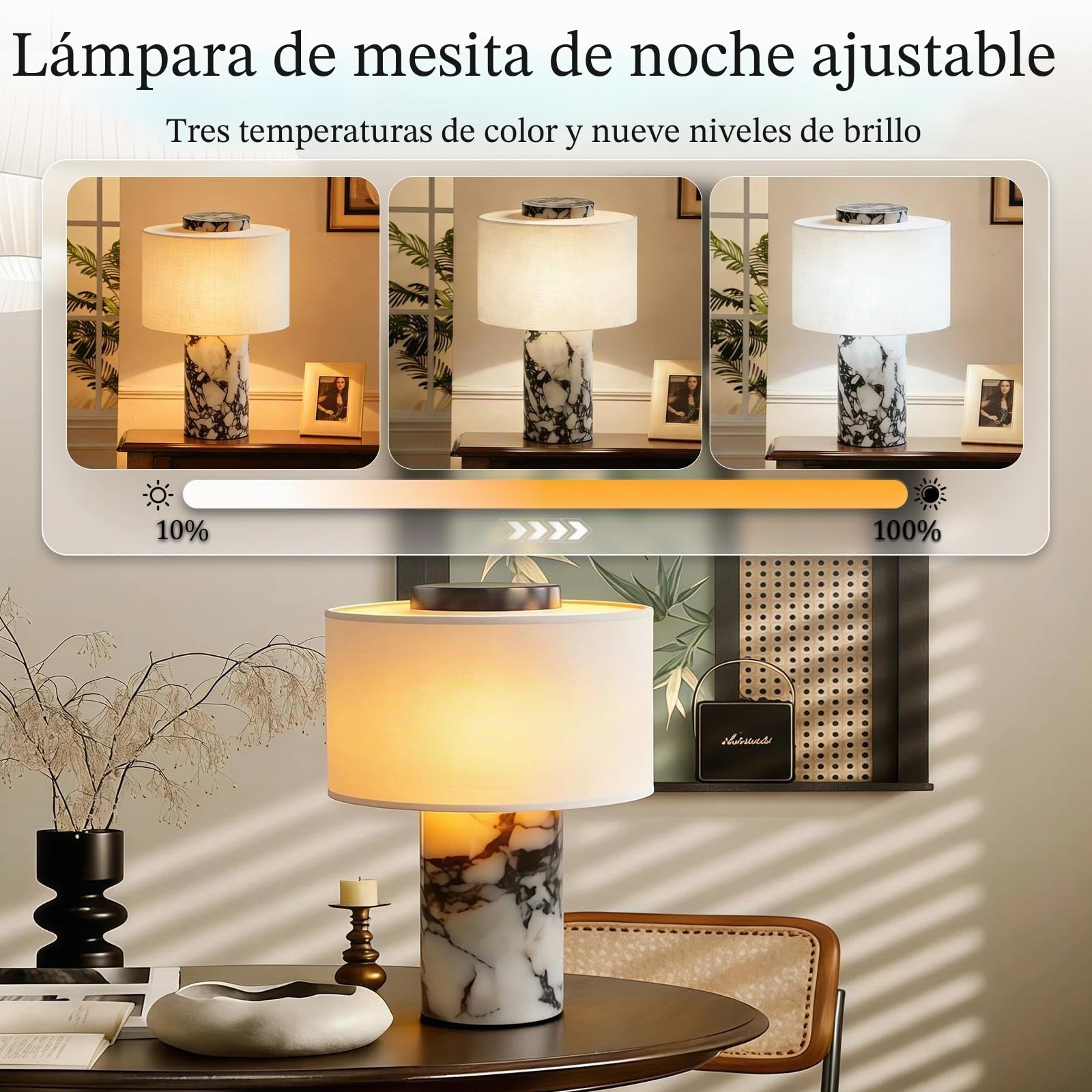 Lámpara de mesa de mármol regulable al tacto, luz nocturna de mármol de piedra recargable con pantallas de lámpara de lino de alta gama, forma cilíndrica para mejoras en el hogar #03 Travertine Style