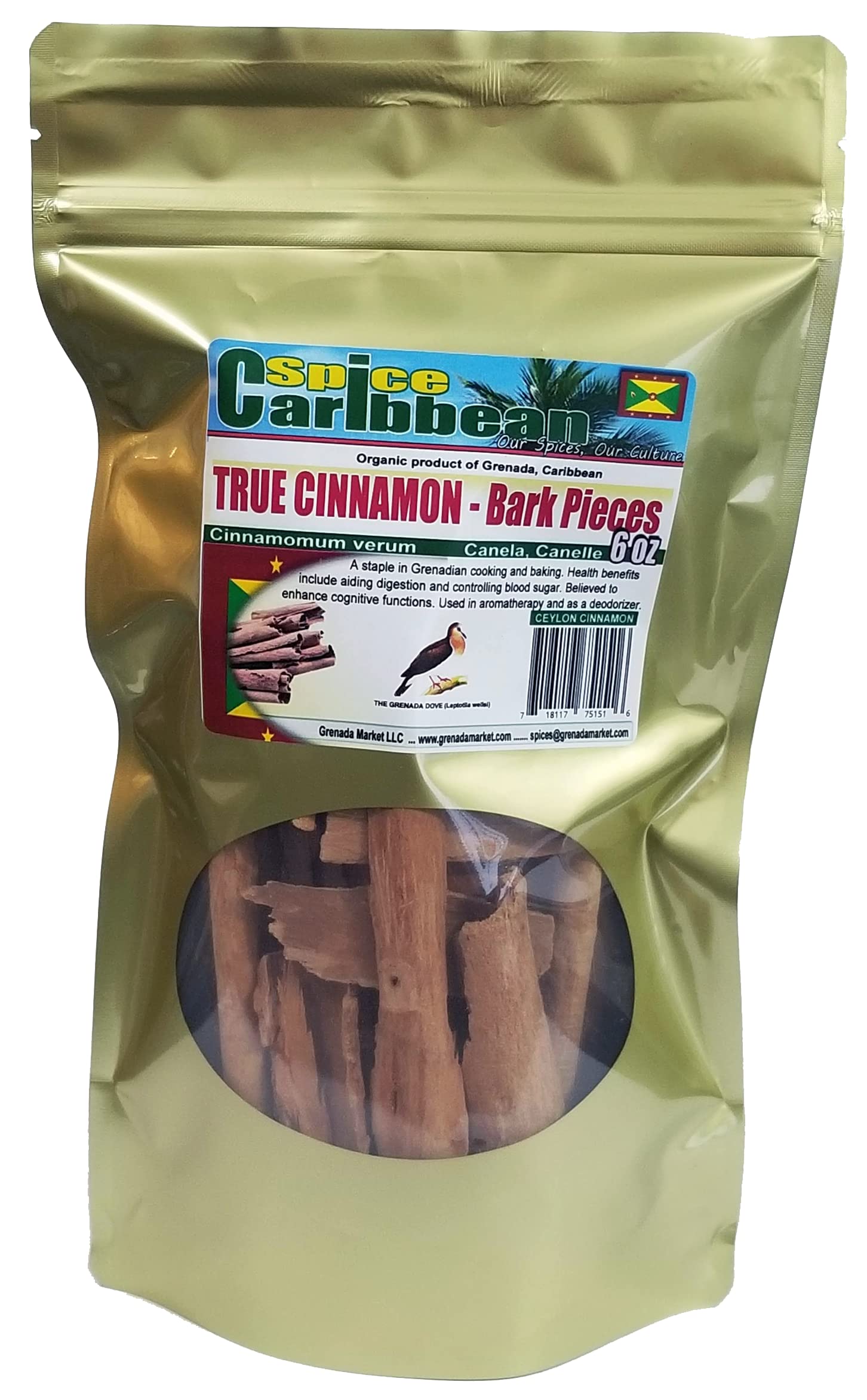 Cinnamon Bark Pieces (TRUE CEYLON) - cinnamomum verum (6 Oz resealable pouch, product of Grenada)