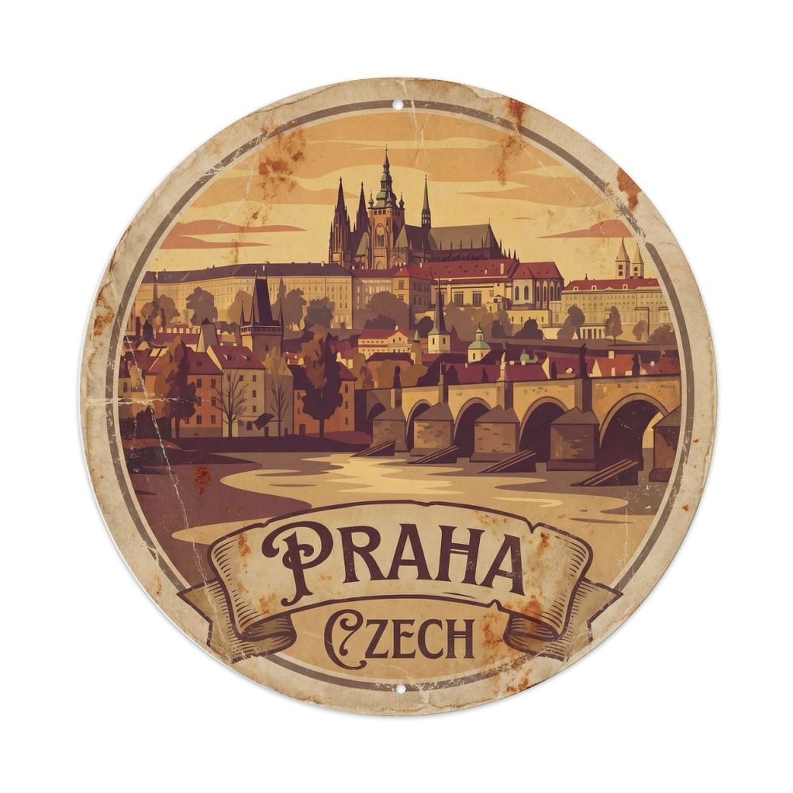 Vintage Travel Prague Castle Bohemia 1 Metal Tin Sign Plaque Wall Decor for Cafe, Club Bar, Office, Home Garden Round Metal Poster 8x8Inch