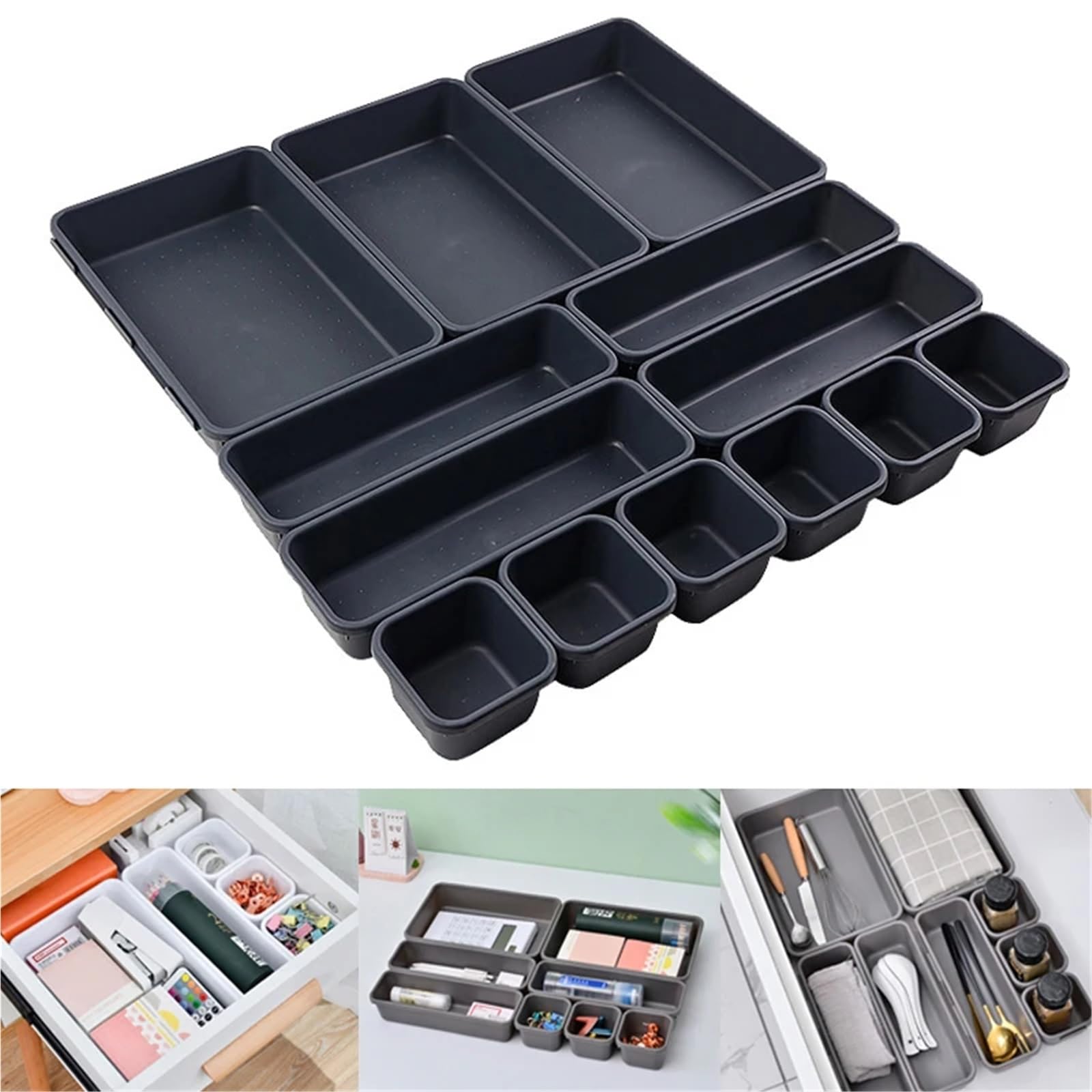 13 pezzi organizer for cassetti, separatori for ufficio, scrivania, cancelleria, cucina, bagno, accessori for il trucco Per Cassetti(Dark gray)