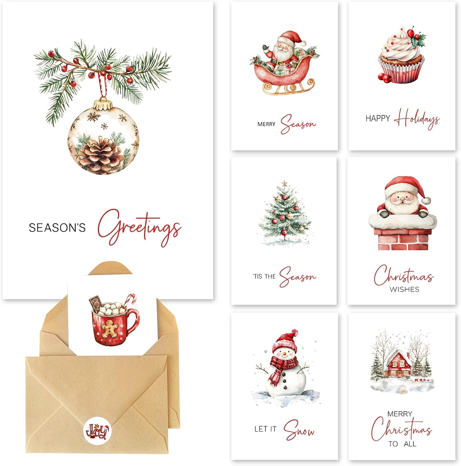 C2U Christmas Cards with Envelopes & Stickers - 24 Pack 4"x6" Rustic Holiday Greeting Card Assortment – 8 Festive Designs with Printed Wishes & Blank Space – Boxed Xmas Cards for Family, Friends & Teachers