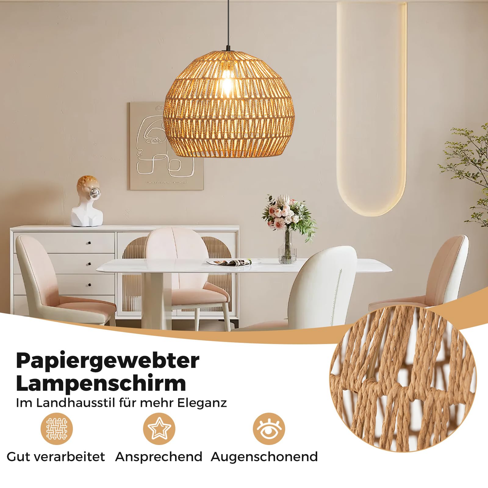 COSTWAY geflochtene Pendelleuchte, Boho Deckenleuchte mit verstellbarer Aufhänghöhe, Bauernhaus Hängelampe mit E27-Basis (Lichtquelle nicht enthalten) für Küche, Schlafzimmer, 43 x 34 cm (kaffee)