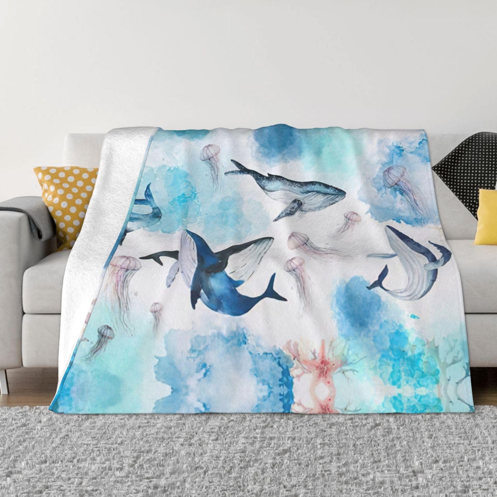 Couverture en flanelle motif baleines et méduses, grand plaid doux pour lit et canapé