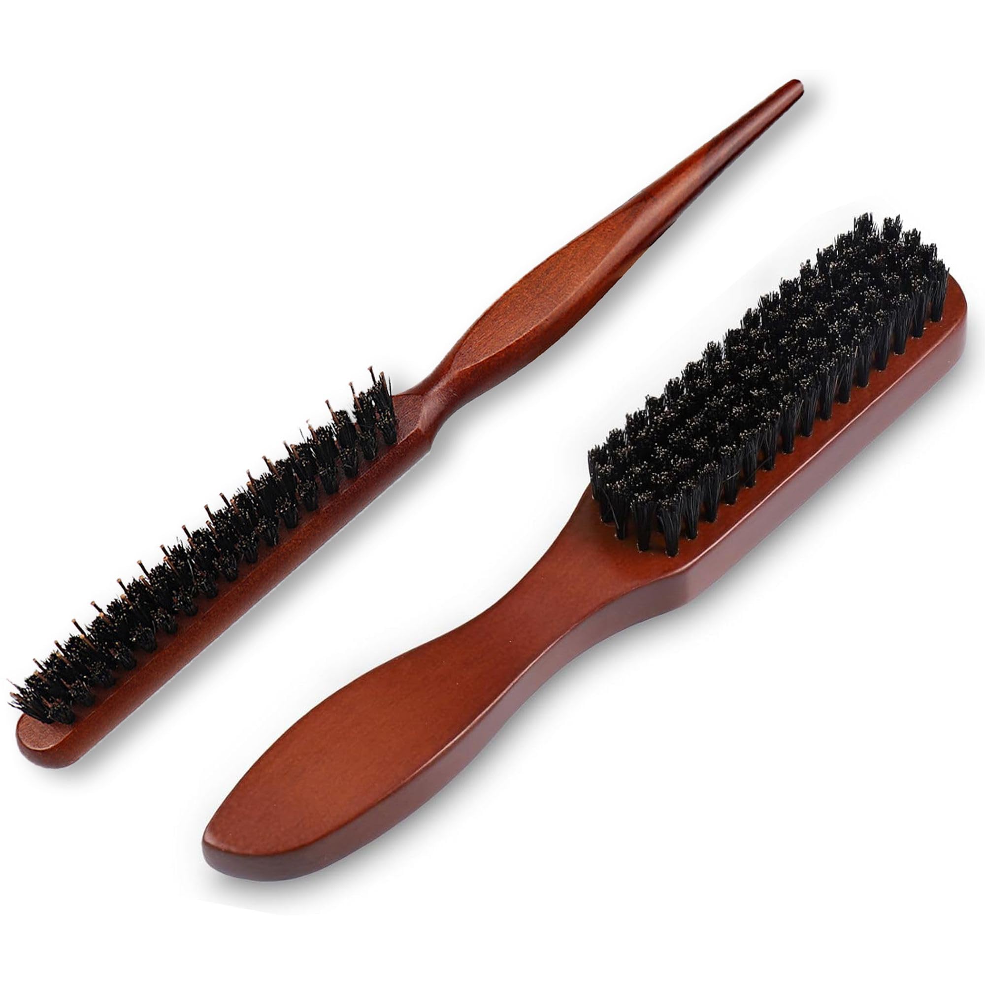 Boar Bristle Brush, 2 PCS Boar Bristle Hair Brush, Bristle Hair Brushes, Slick Back Hair Brush for Women Men, Wet Hair Brush, Rat Tail Comb, Teasing Comb Edge Beard Brush for Slicking Hair Beard (A)
