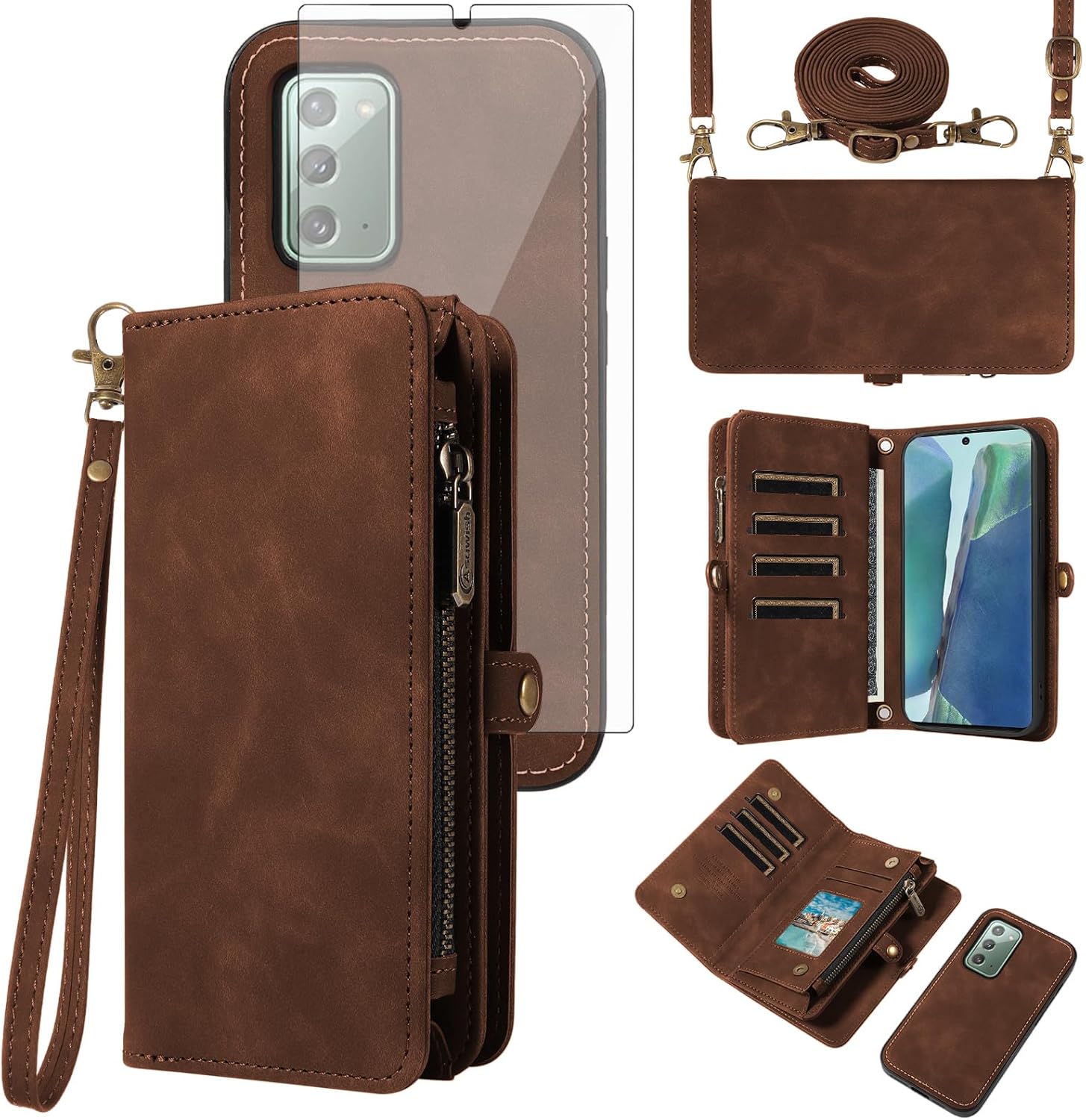 Asuwish Phone Case for Samsung Galaxy Note 20 5G Zipper Wallet Detachable Cell Cover with Tempered Glass Screen Protector Crossbody Strap Flip Card Holder Note20 Notes 20s Twenty Not S20 Women Brown