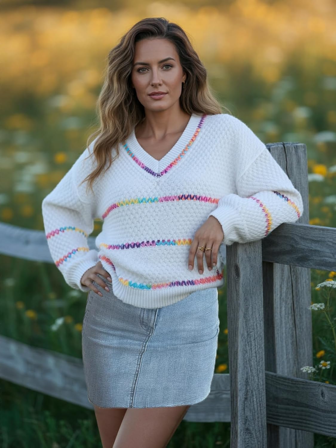 Bi&Yamigeo Oversized Colorful Striped Sweater for Women Fall Loose Knitted V-Neck Long Sleeve Drop Shoulder Pullover Tops - Image 3