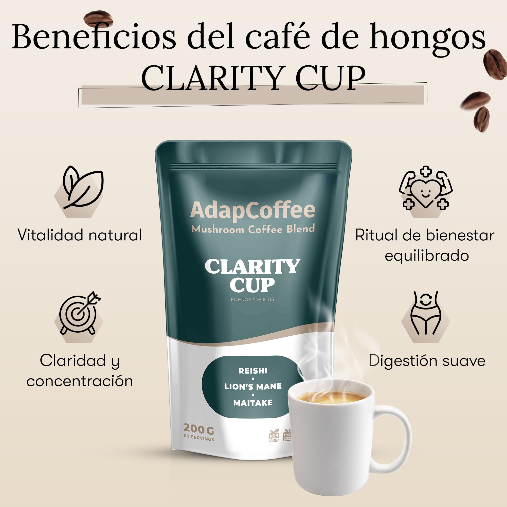 Clarity Cup – Café Instantáneo con Hongos Adaptógenos – Lion’s Mane, Reishi, Maitake – Enfoque y Vitalidad – Sabor Gourmet con Cacao Puro – 200 g – 50 Tazas