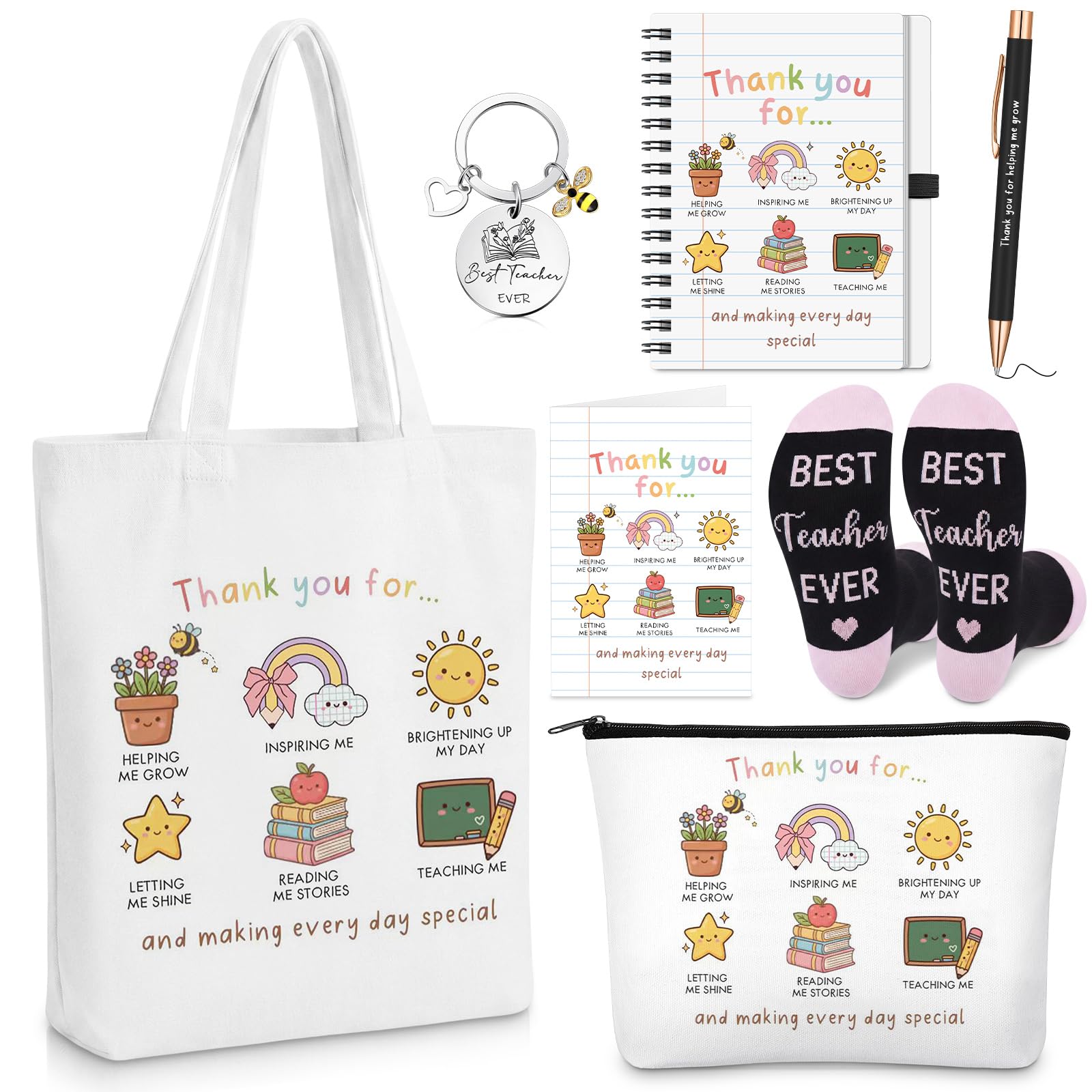 Hestya 7 Pcs Thank You Teacher Appreciation Gifts for Women Canvas Tote Bag Cosmetic Bag Notebook Ballpoint Pen Best Teacher Socks Keychain Thank You Card for Teacher's Day End of The Semester