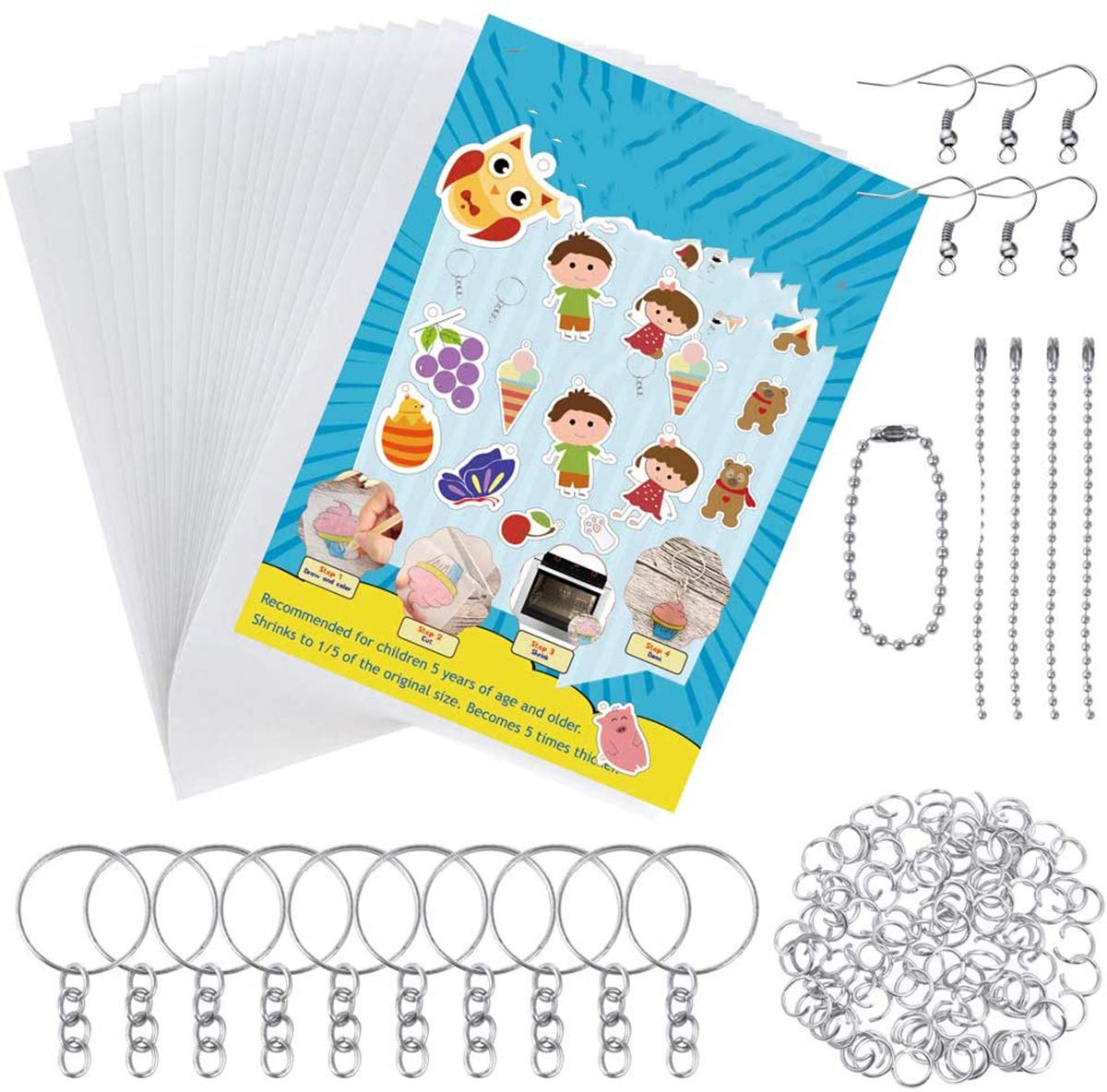 CharmCollection 145 Pieces Heat Shrink Plastic Sheet Kit Include 20 PCS Shrinky Art Paper with 125 PCS Keychains Accessories for Kids Creative Craft