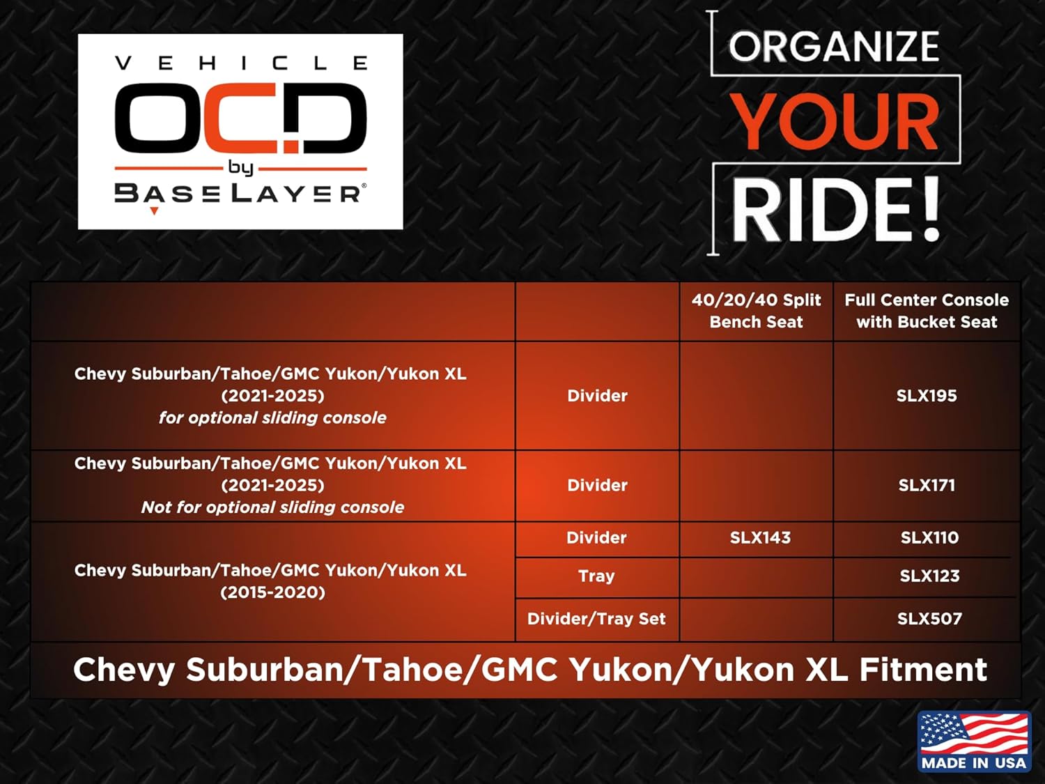 Vehicle OCD - Center Console Divider and Tray Organizer for Chevy Suburban/Tahoe/GMC Yukon/XL (Full Console w/Bucket Seats ONLY) (2015-2020) - Made in USA - SLX507