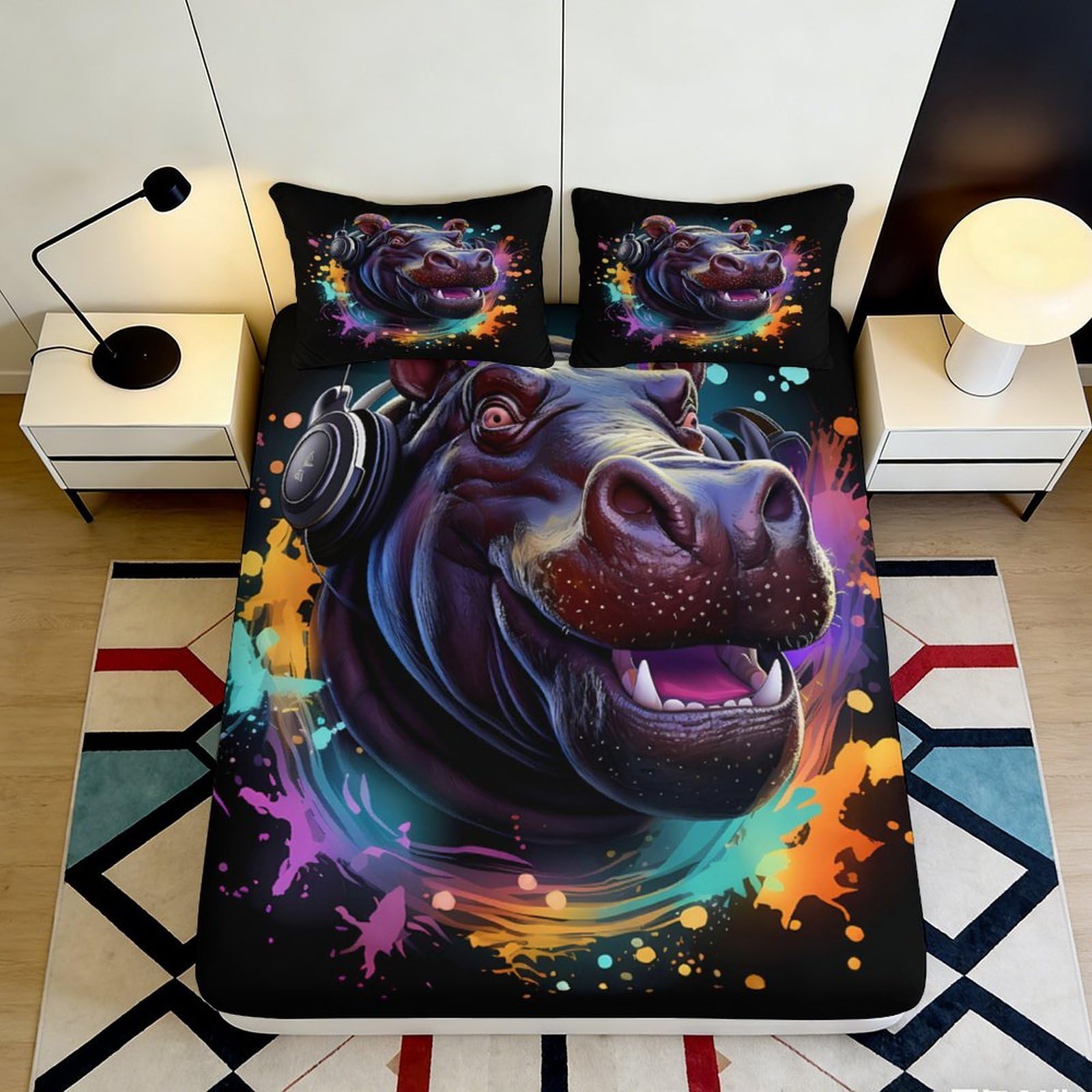 3D Printed Hippo Headphones Fitted Sheet Microfiber Colourful Splash Mattress Cover for Bedroom Guest Room Decor 90x200x25cm