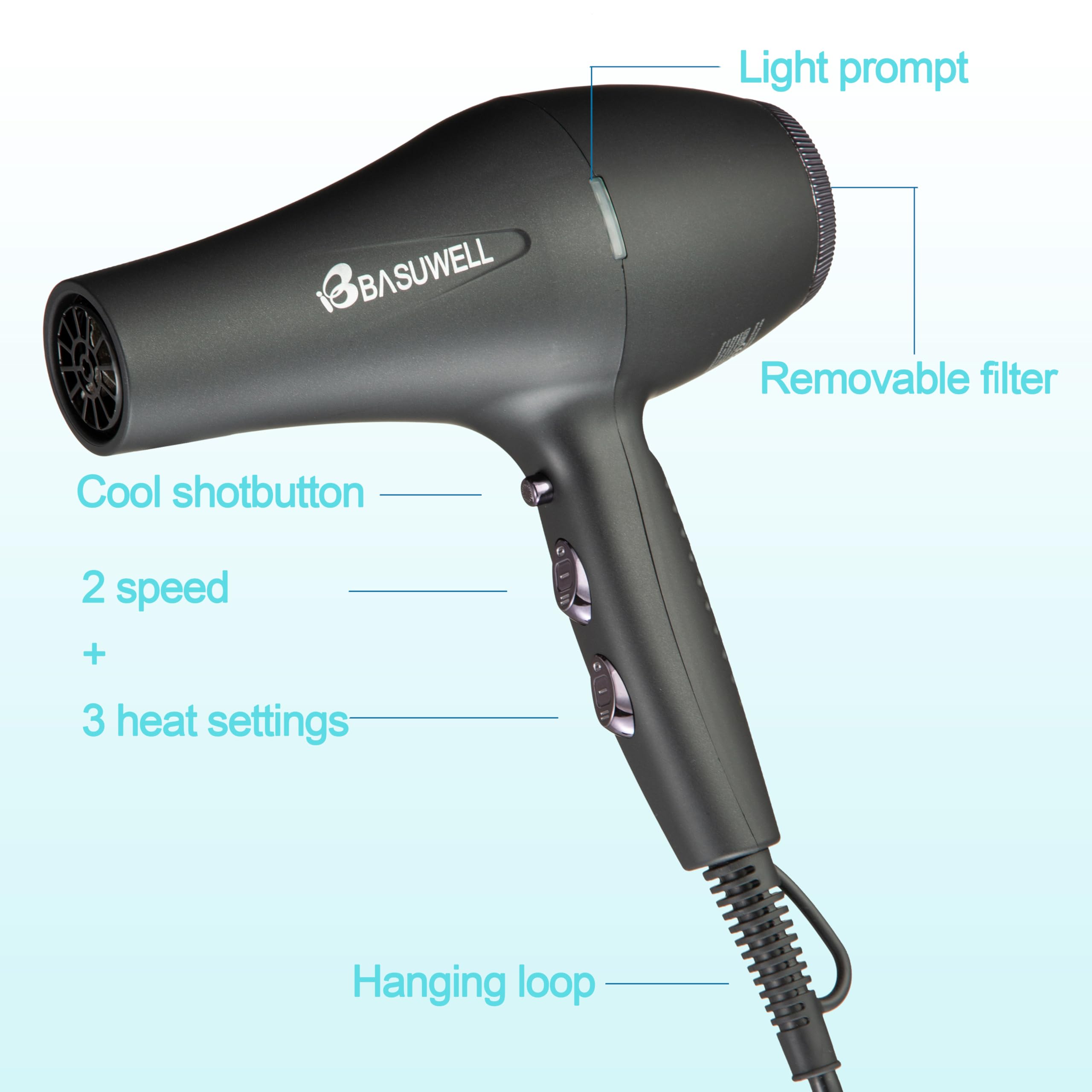 Secador de pelo profesional Ion 2400W Secador de pelo 3 Calefacción 2 velocidades Secador infrarrojo lejano Motor de CA de bajo ruido con difusor de secador de pelo (negro mate)