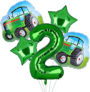 5Pcs Tractor Balloons, Green Tractor Birthday Number Mylar Foil Balloon Farm Theme 2nd Birthday Party Supplies Decor (2nd)