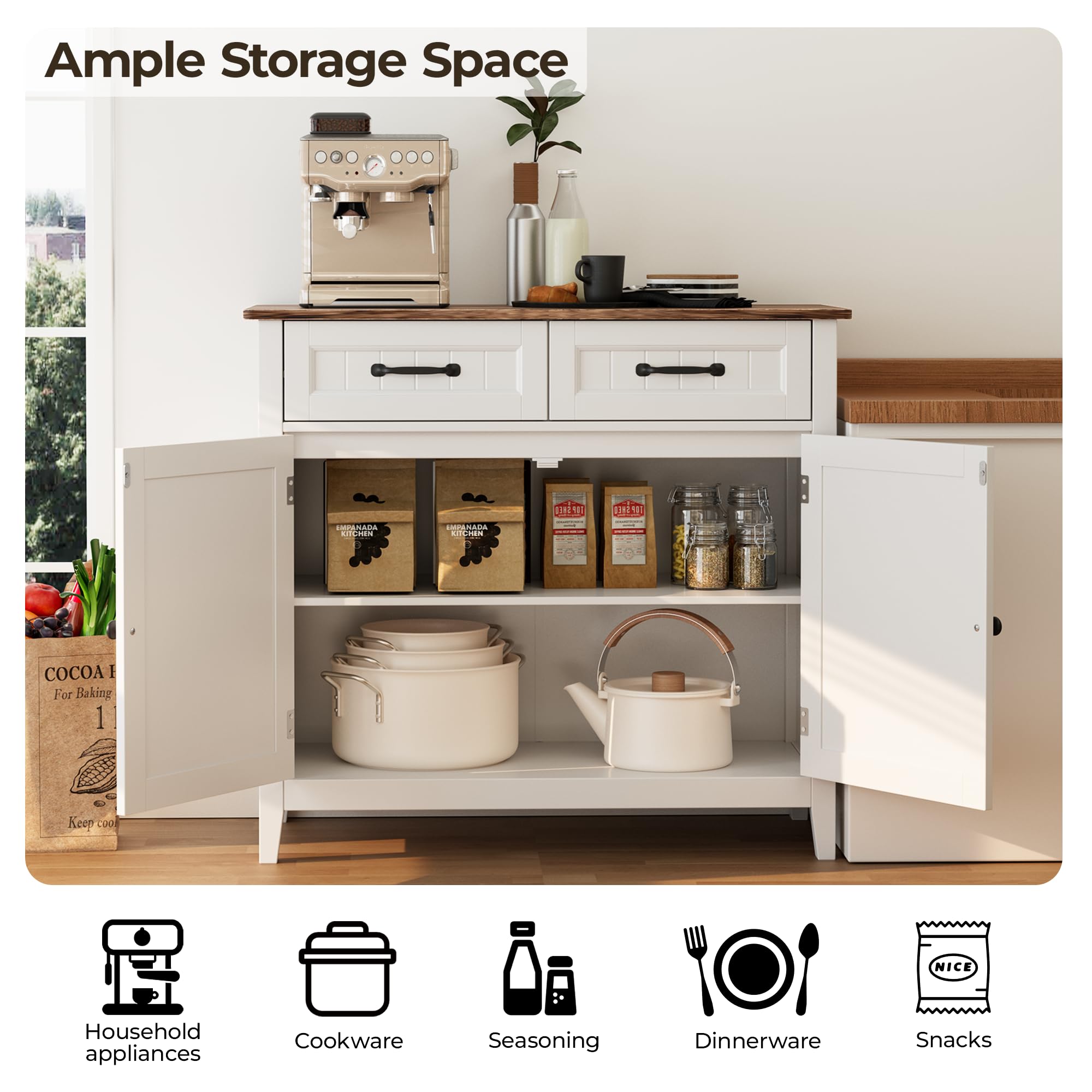 Mobiletto da Cucina, Credenza Ausiliaria con 2 Cassetti e 2 Ante per Cucina, Sala da Pranzo, Soggiorno, 90×40×82 cm,Retro