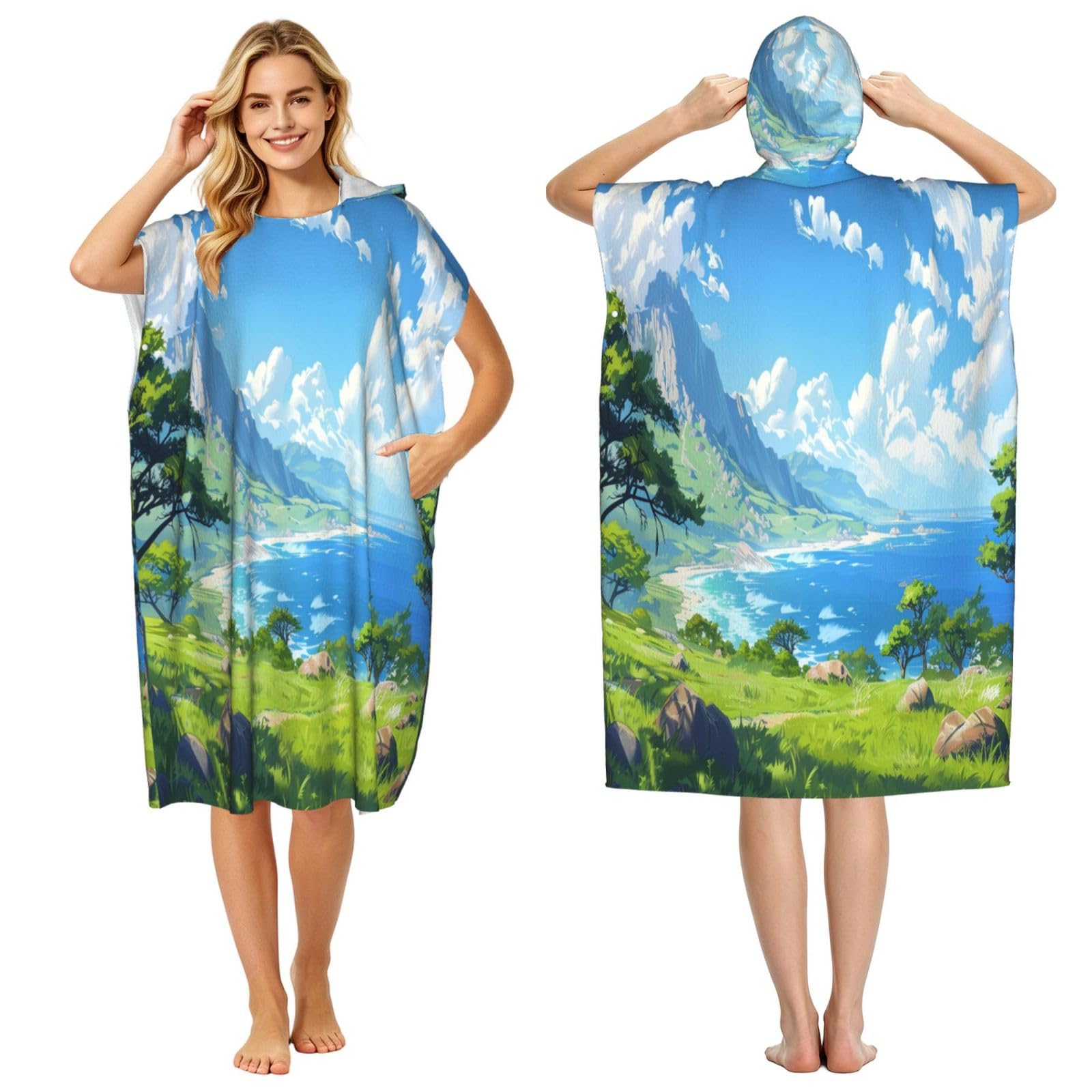DTHKJNLSF The Beauty Of The Seaside Adult Hooded Beach Poncho Towel