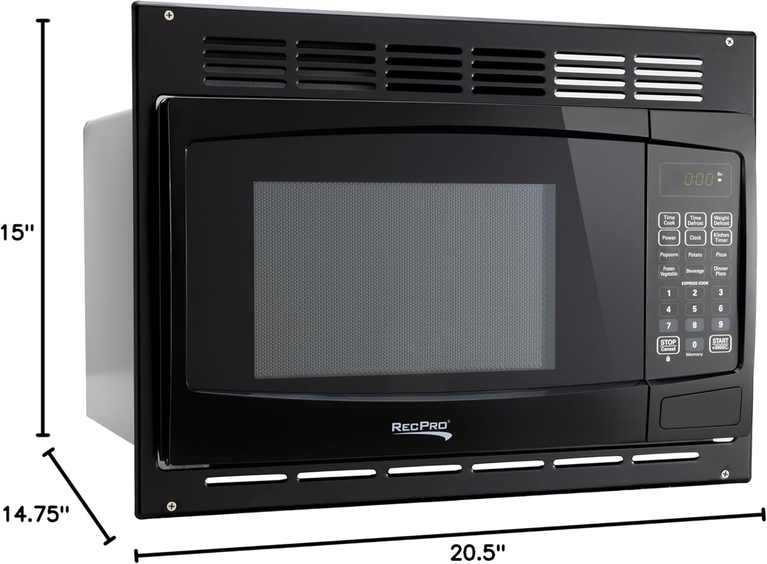 Diagram showing the dimensions of the RecPro RV Microwave and its trim kit.