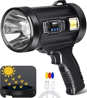JSKNB 100000 Lumens Rechargeable Spotlight Flashlight with Tripod, Solar Charging, 6 Modes, Color Filters for Hunting, Camping, Boating