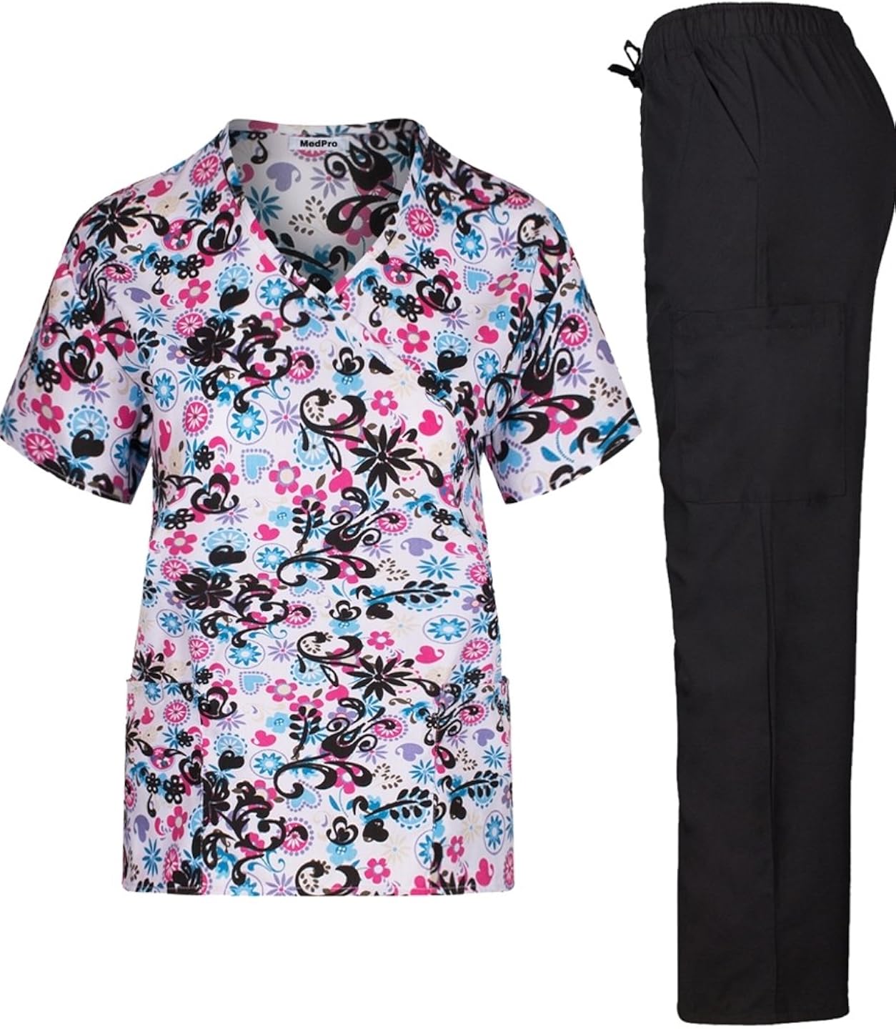 MedPro Women's Printed Medical Scrub Set Mock Wrap Top and Pants