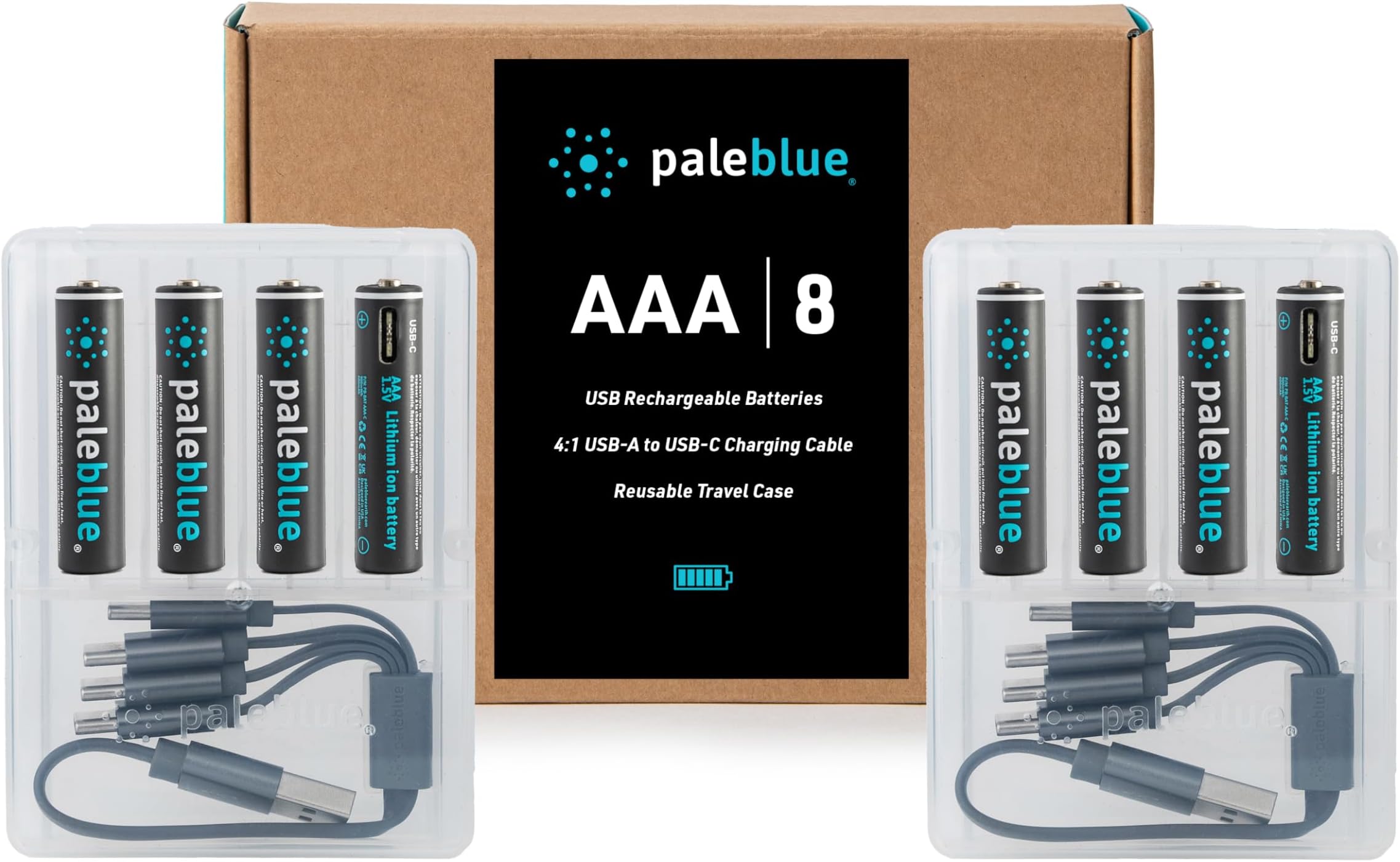 - paleblue USB Rechargeable AAA Lithium Batteries, 1 Hour Charge Time, Recharge Over 1000 Times, 600 mAh, 4-in-1 USB-A to USB-C Charging Cable, 8 Pack