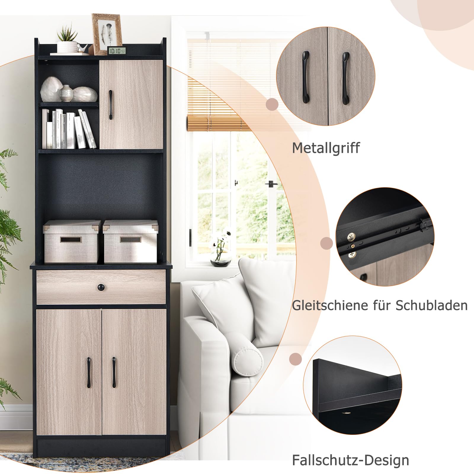 GIANTEX Küchenschrank Buffetschrank Küche, Mehrzweckschrank 60cm Breit, Mikrowellenschrank Hoch 180cm, Aufbewahrungsschrank mit Schublade & verstellbaren Einlegeböden, Hochschrank mit Kippsicherung