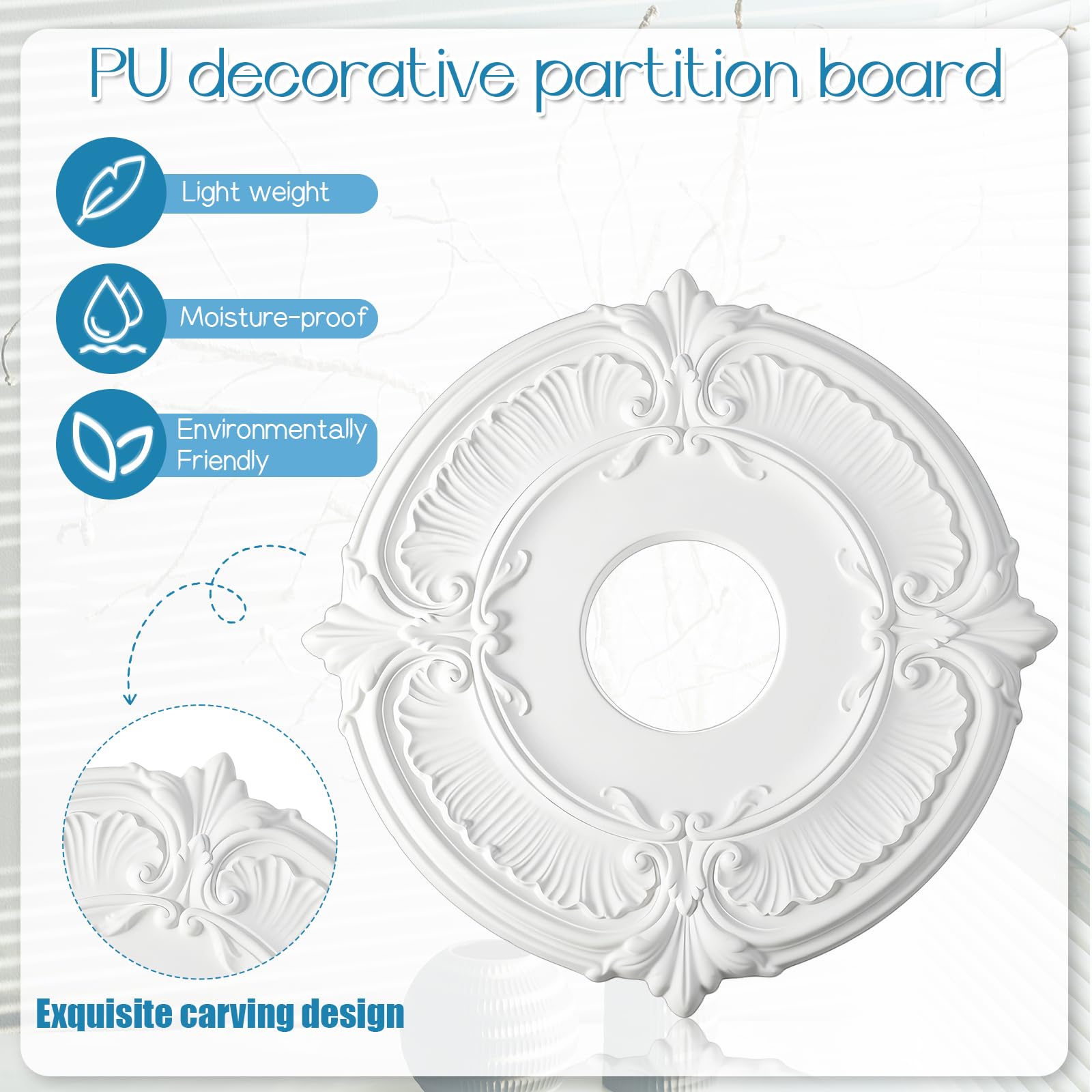 2 Pieces PU Ceiling Medallion Decorative White Home Lighting Ceiling Medallions Ceilings Fan Medallion Round for Light Fixtures and Ceilings Fans, 12" od x 3.5" ID(White) — Amazon image 3