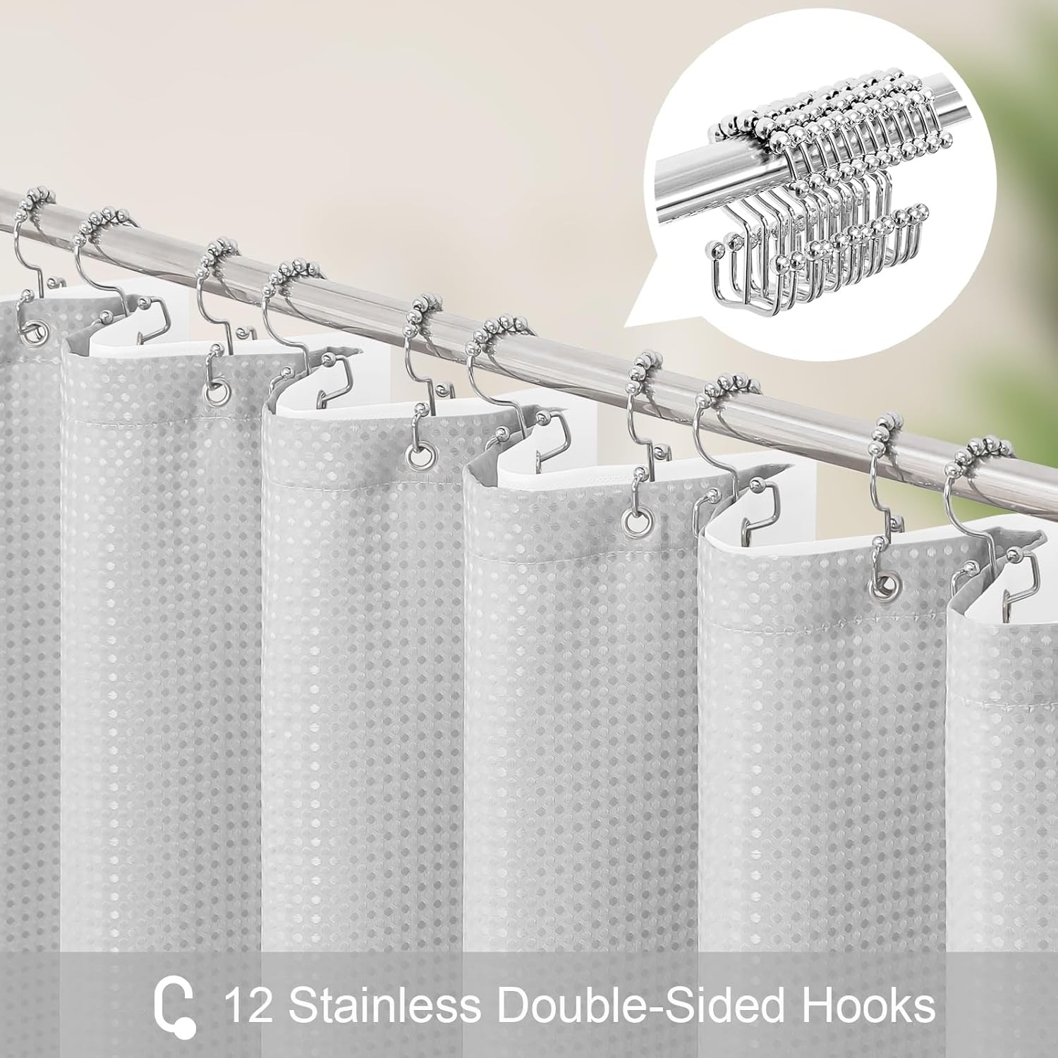 3 in 1 Shower Curtain Set, Light Grey Waffle Shower Curtain and PEVA Liner Set with 12 Stainless Steel Shower Curtain Hooks, Waterproof Shower Curtains for Bathroom, 72 W x 72 H
