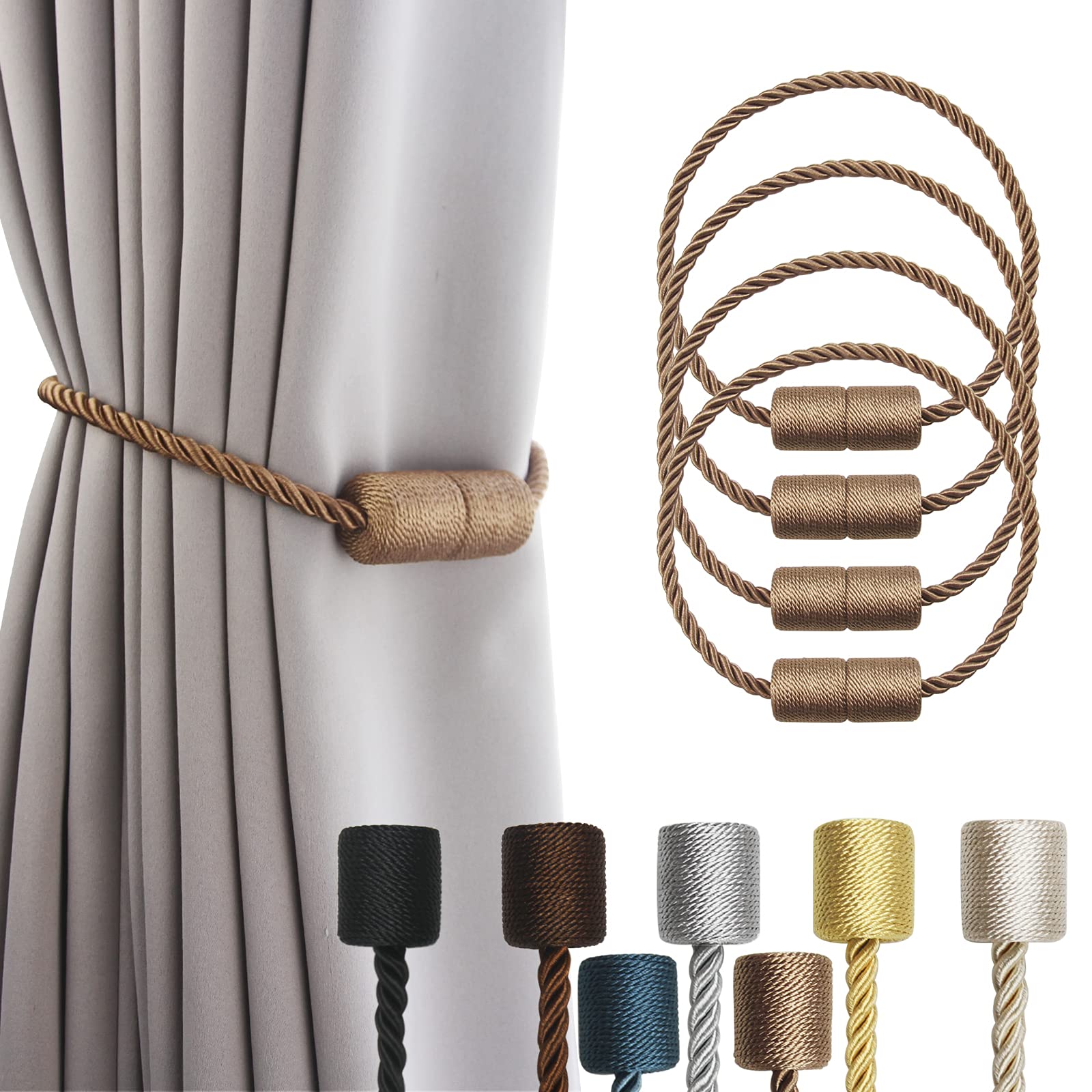 Fermatenda per tende in corda, resistente, con chiusura magnetica, per tende e tende da finestra, 4 pezzi, colore: cachi
