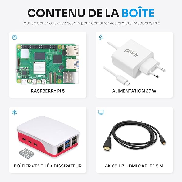 Starter Kit pour Raspberry Pi 5 4 Go - Édition Essentielle | Alimentation 27 W | Boîtier avec Ventilateur Intégré et Dissipateur Thermique | Câble Micro-HDMI 4K 60 Hz - 2