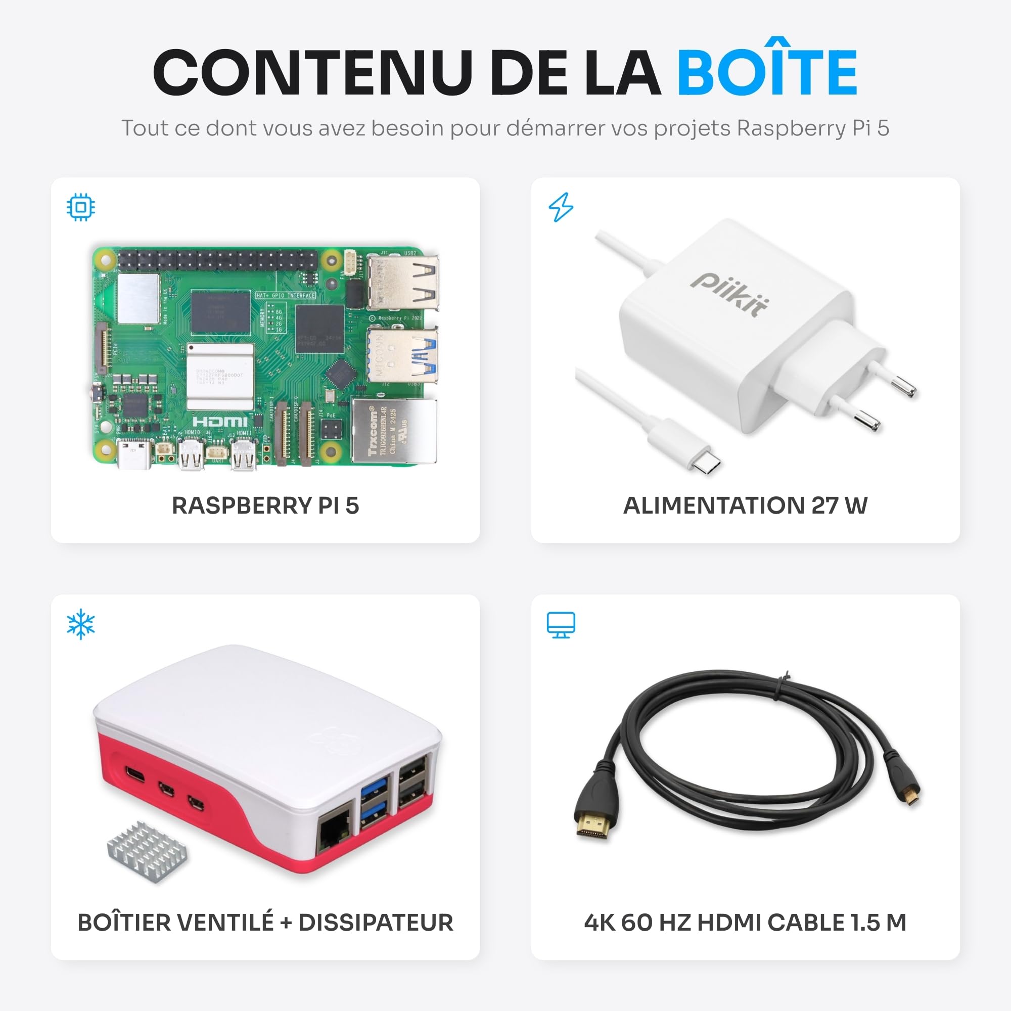 Starter Kit pour Raspberry Pi 5 4 Go - Édition Essentielle | Alimentation 27 W | Boîtier avec Ventilateur Intégré et Dissipateur Thermique | Câble Micro-HDMI 4K 60 Hz