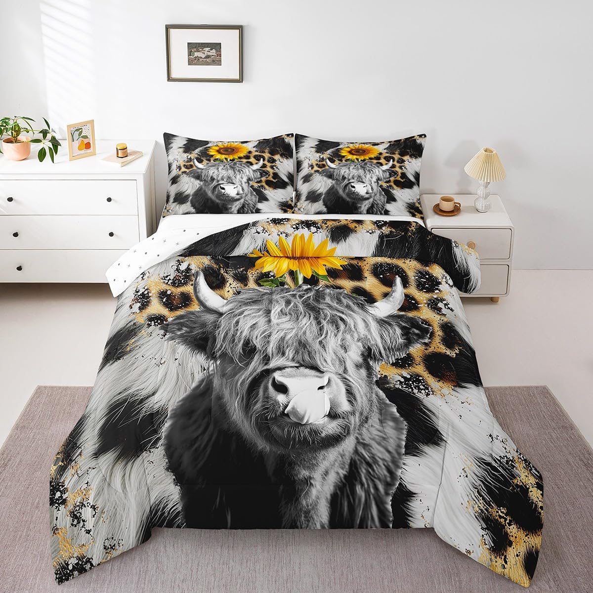 Feelyou Kids Toddler Size Cowhide Highland Cow Bedding Set Sunflower Comforter Set Cow Fur Comforter for Kids Boys Girls Farmhouse Duvet Insert Adult Bedroom Decor with 1 Pillow Case