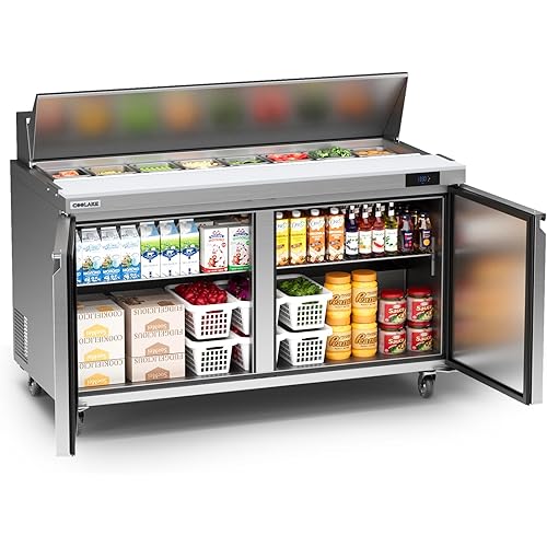 Coolake 60" W 2 Door Commercial Refrigerator Salad Sandwich Prep Table, Stainless Steel 18 Cu.ft Counter Fan Cooling Refrigerator with 16 Pans Restaurant Bar Food Truck, ETL DOE