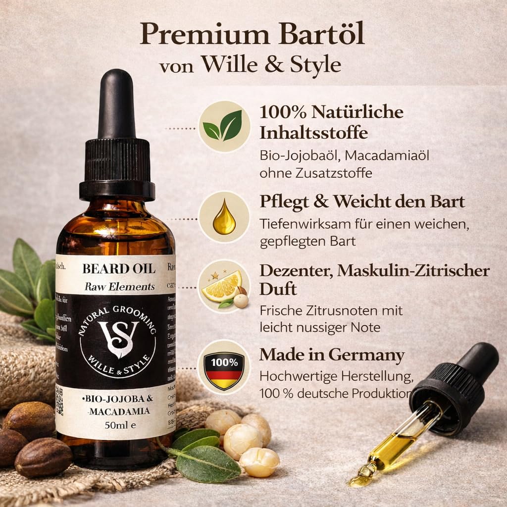 Bartpflege Set für Männer - Wille & Style Beard Bundle - Bartöl 50 ml & Bartshampoo 250 ml & Bartbürste mit Wildschweinborsten - Tägliche Pflege & Reinigung - Geschenkset