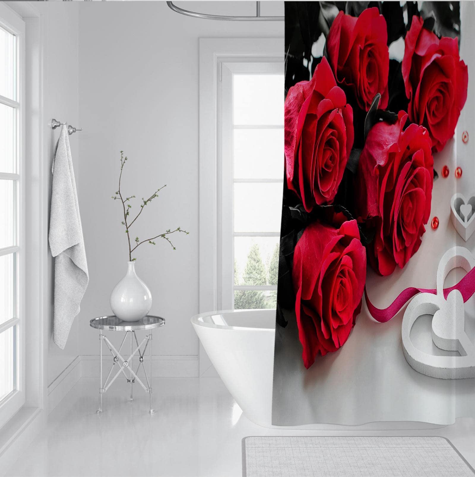 Moderne Florale Duschvorhänge Luxus Rote Rose Romantische Badezimmer Duschvorhang Sets Waschbarer Duschvorhang im Hotelstil mit Haken 200x180 cm