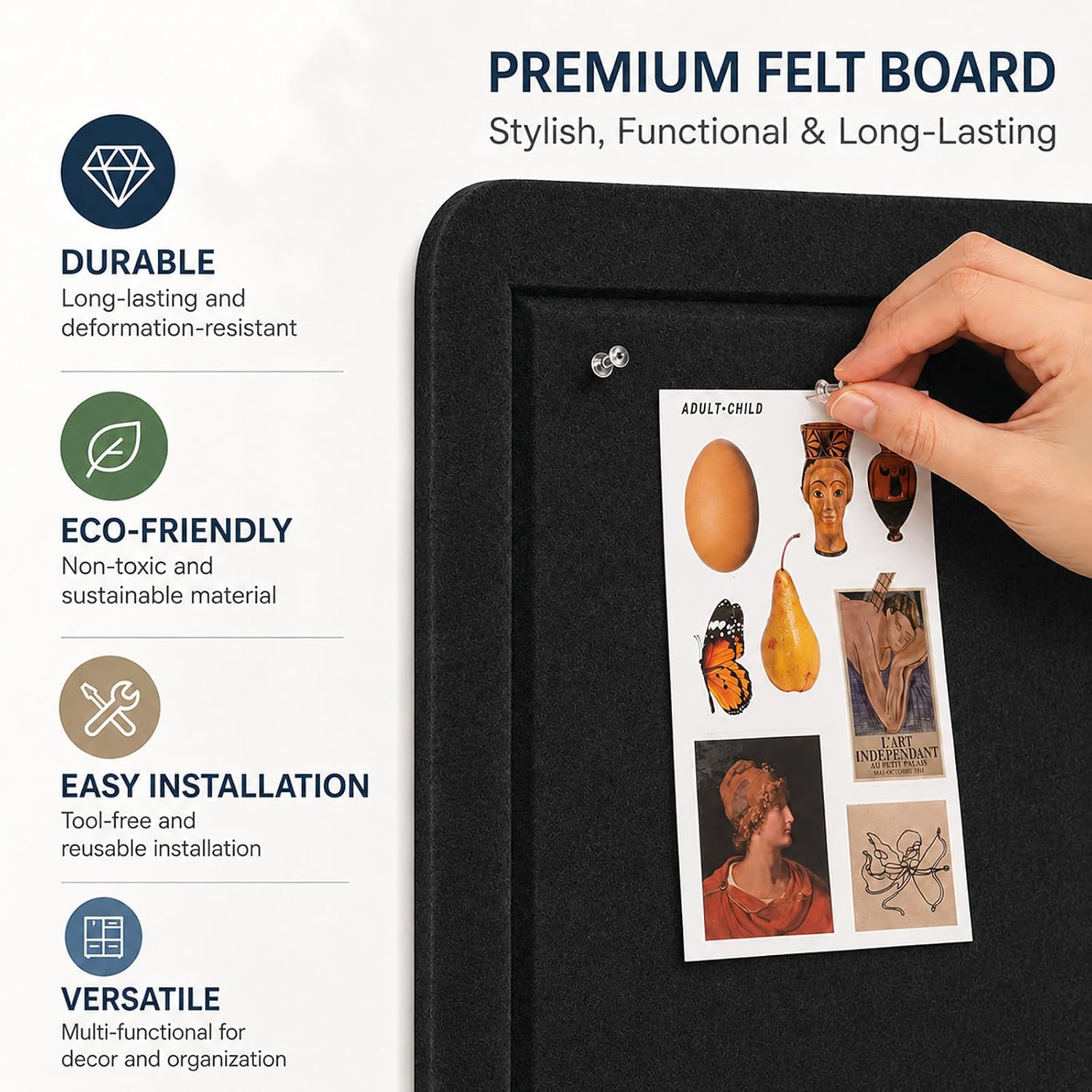 Felt Bulletin Board for Wall 48" x 36" Unfolded Size, Large Frameless Felt Pin Board, Soft Cork Board Alternative for Office, Home Planning, Notes, Photos & Wall Decor, Foldable Shipping, Easy Install