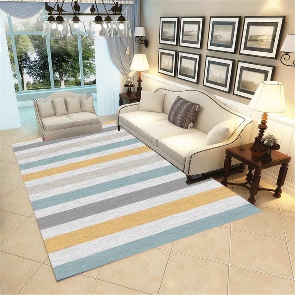Tapis bleu minimaliste 160x230 motif rayé anti-acariens pour grand revêtement de sol
