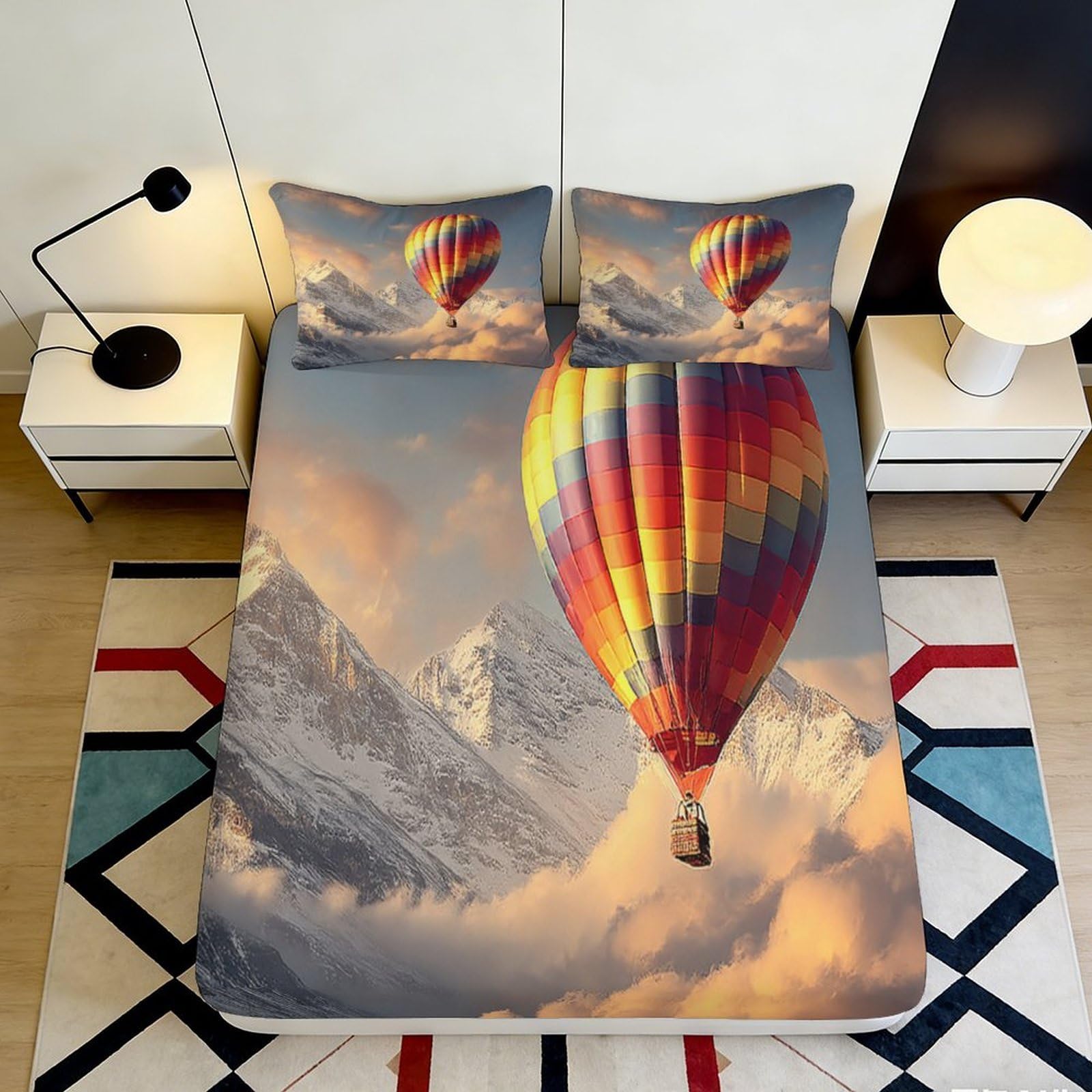 3D Printed Hot Air Balloon Mountain Fitted Sheet Microfiber Soft Breathable Scenic Bed Cover for Bedroom Guest Room 160x200x25cm